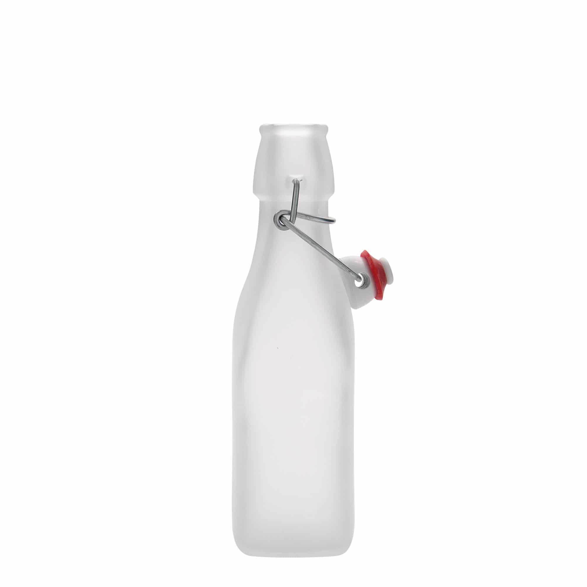 250 ml стъклена бутилка „Swing“, квадратна, бяла, затваряне: тапа с клипс