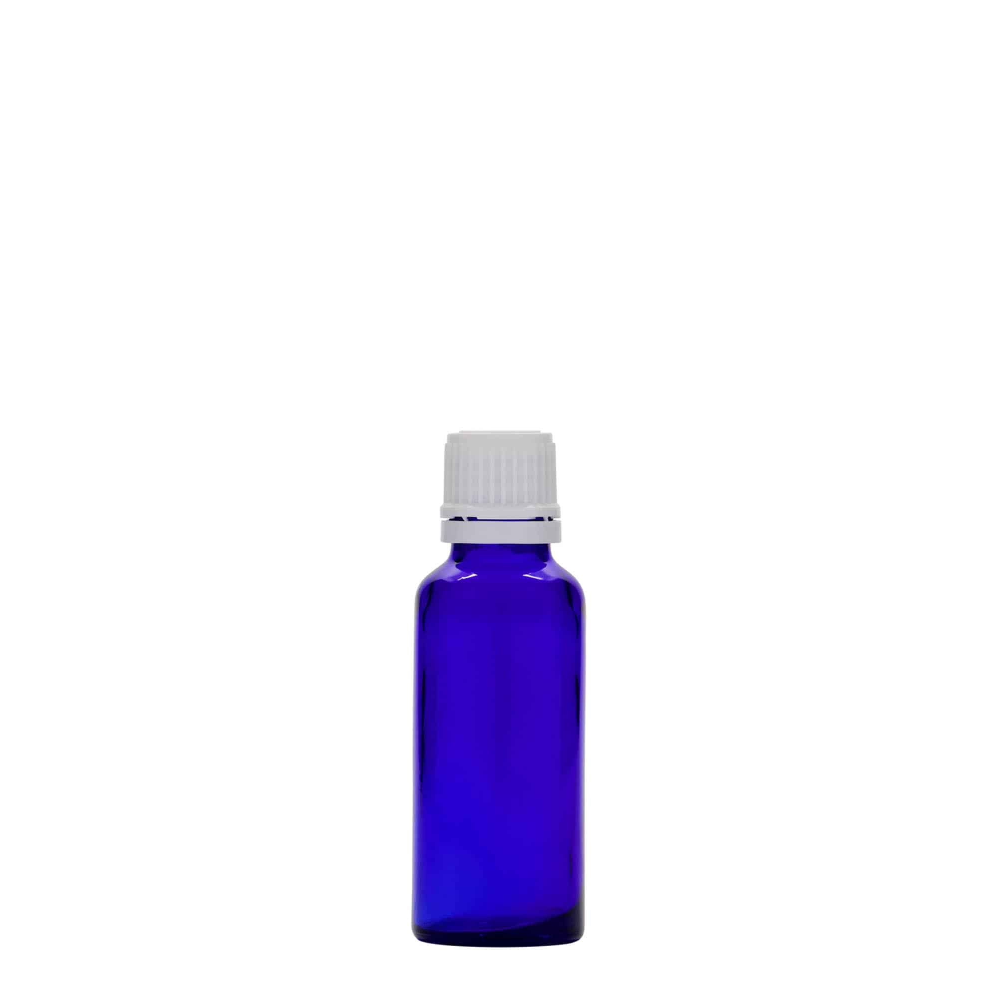 30 ml бутилка за лекарства, стъклена, кралско синьо, затваряне: винтова капачка с резба DIN 18