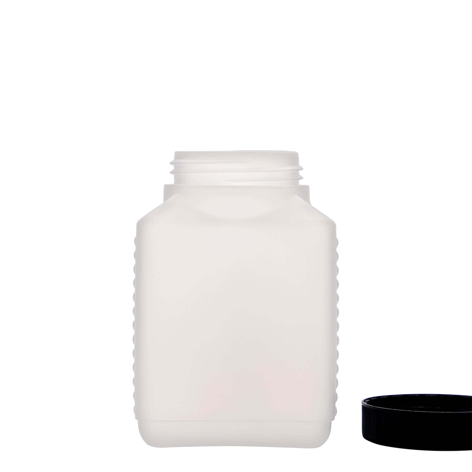 500 ml бутилка с широко гърло, правоъгълна, HDPE пластмаса, естествен цвят, затваряне: винтова капачка с резба DIN 60 EPE