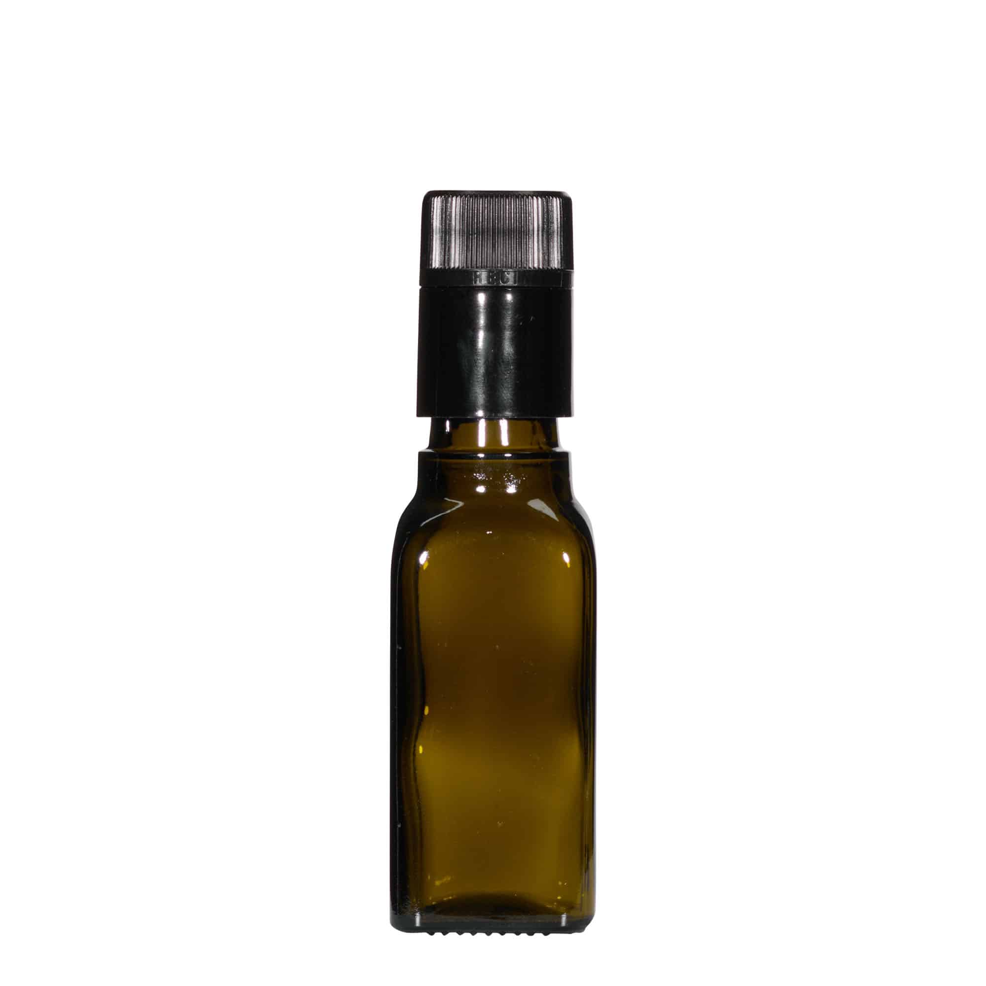 100 ml бутилка за оцет/олио „Quadra“, стъклена, квадратна, антично зелено, затваряне: без възможност за повторно пълнене