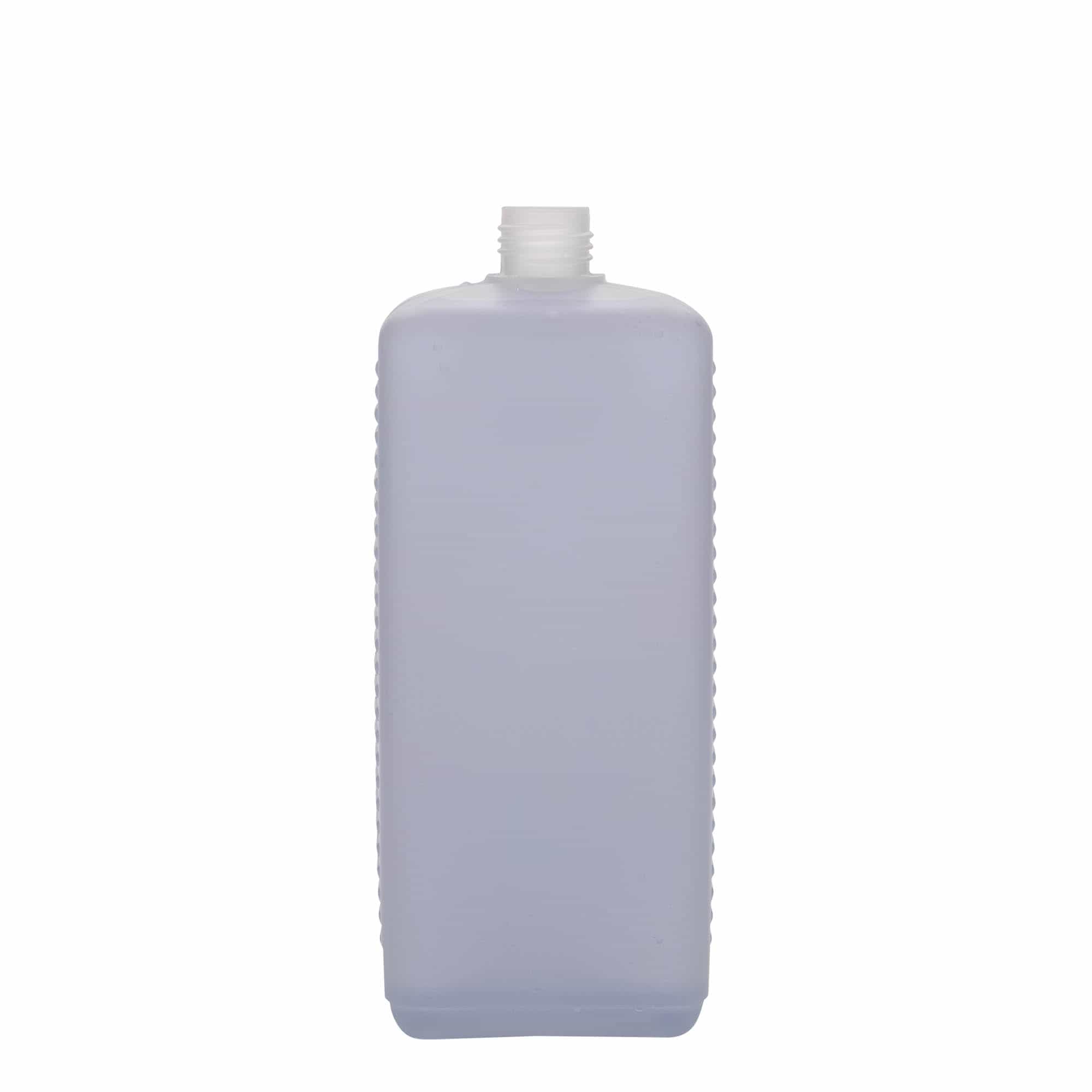 1000 ml бутилка тип туба, правоъгълна, HDPE пластмаса, естествен цвят, затваряне: винтова капачка с резба DIN 25 EPE