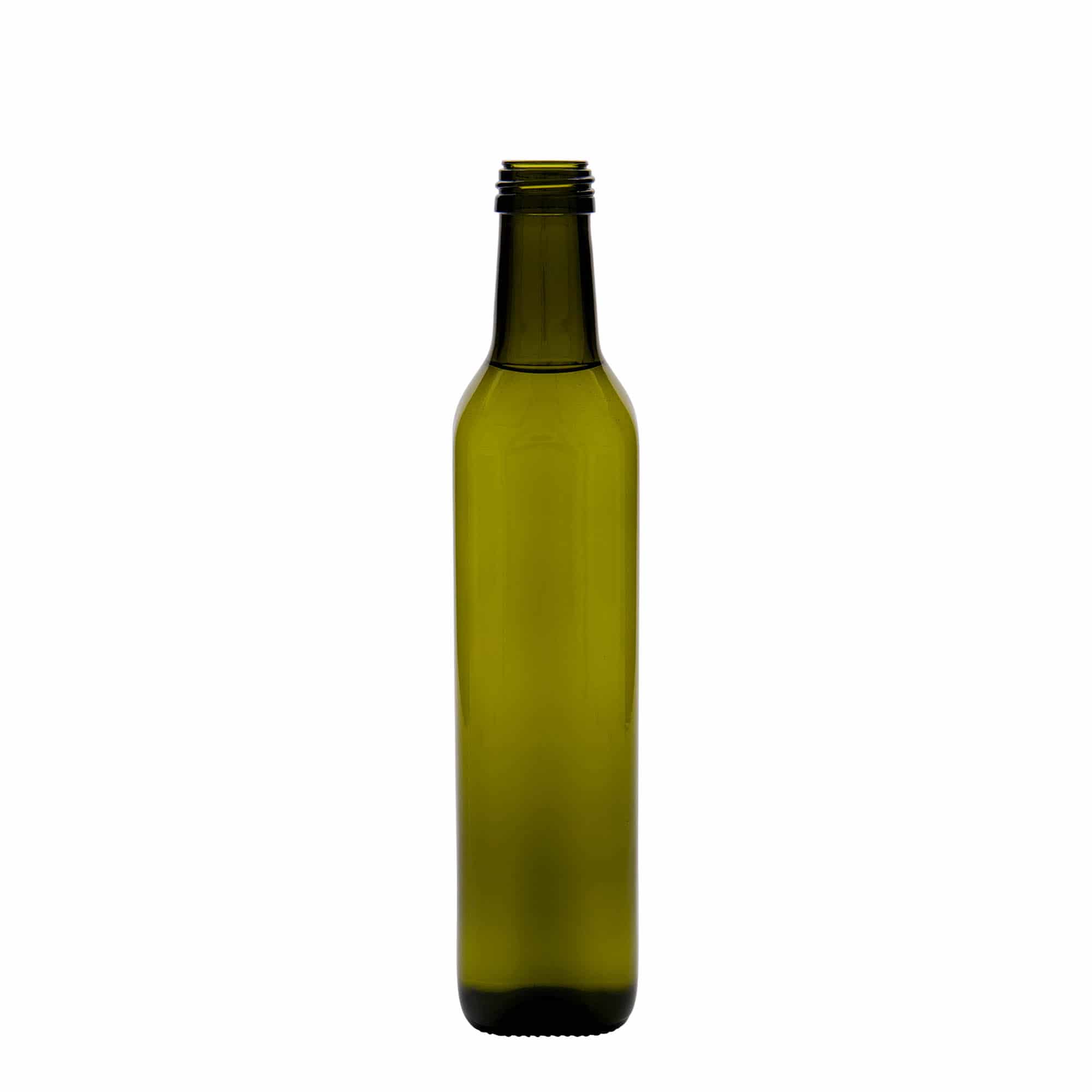 500 ml стъклена бутилка „Marasca“, квадратна, антично зелено, затваряне: капачка PP 31,5
