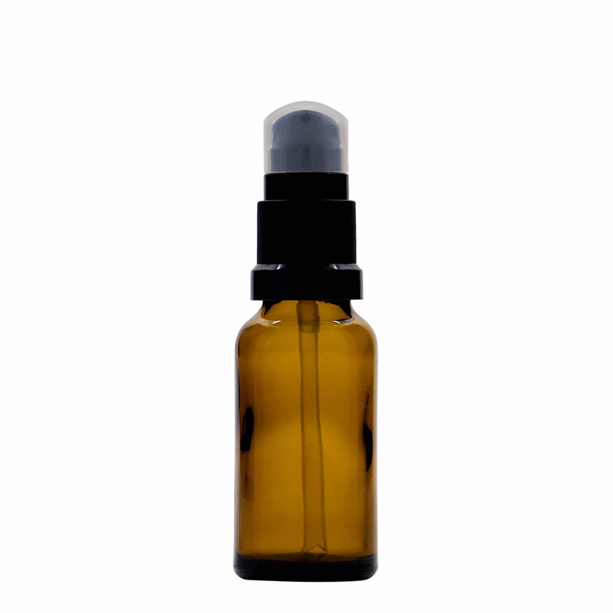 20 ml бутилка за лекарства с лосион помпа, стъклена, кафява, затваряне: винтова капачка с резба DIN 18 20 ml бутилка за лекарства с лосион помпа, стъклена, кафява, затваряне: винтова капачка с резба DIN 18