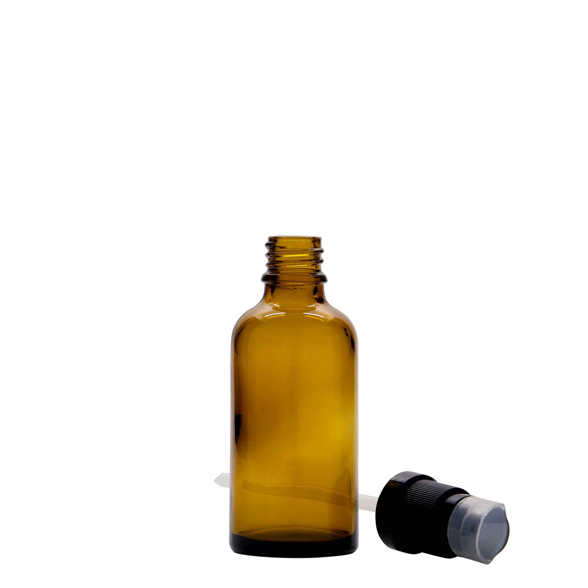 50 ml бутилка за лекарства с лосион помпа, стъклена, кафява, затваряне: винтова капачка с резба DIN 18