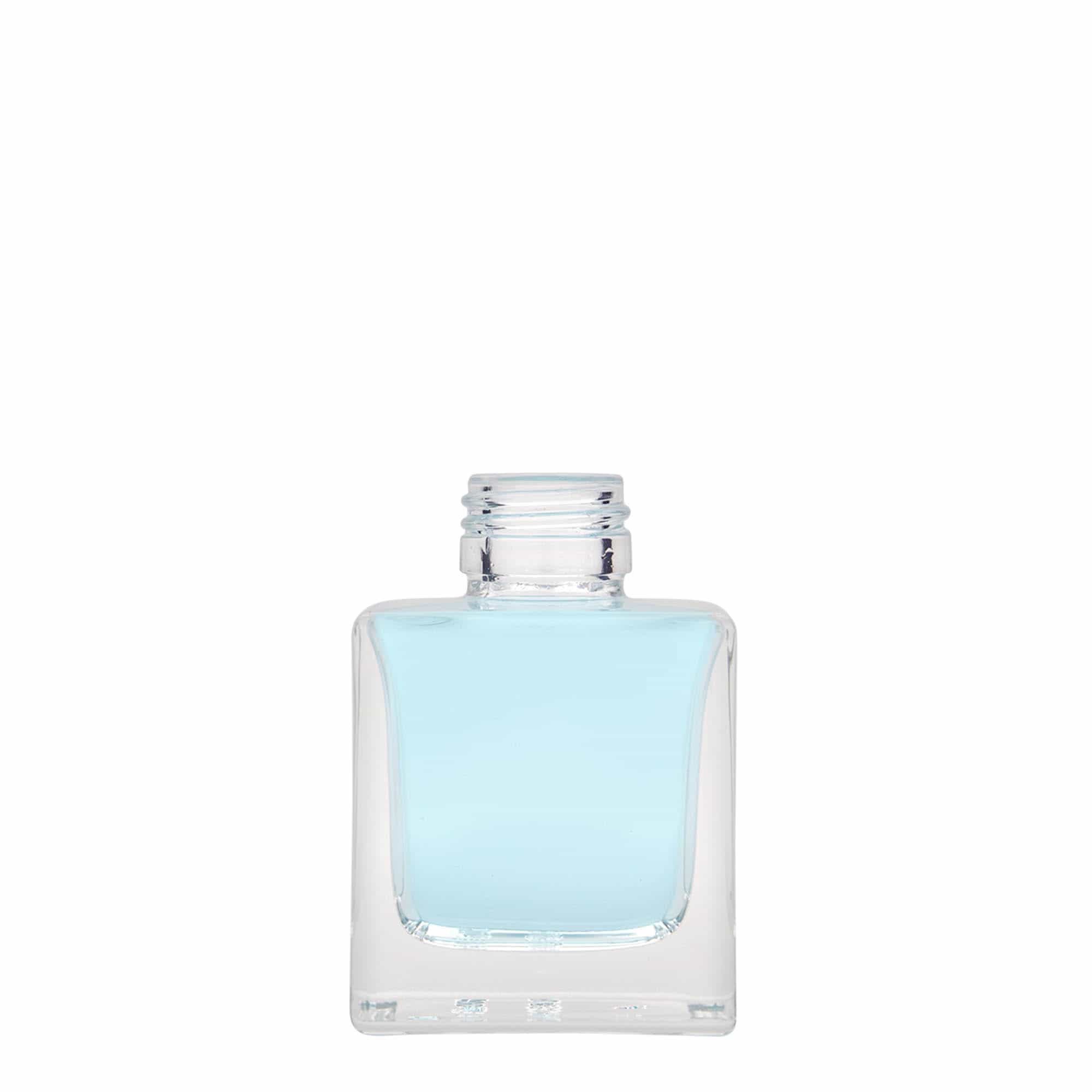 100 ml стъклена бутилка „Cube“, квадратна, затваряне: капачка PP 28