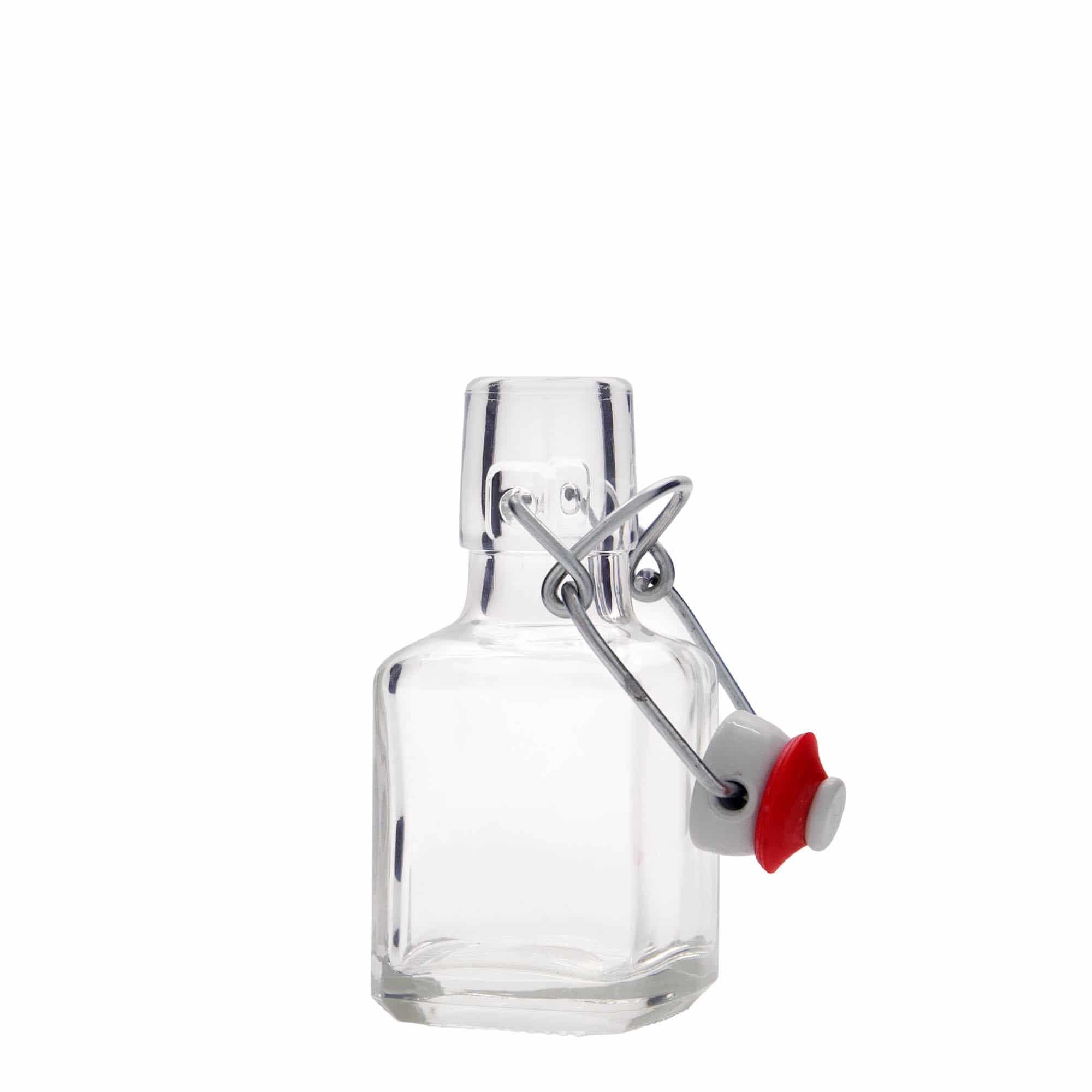 100 ml стъклена бутилка „Kubica“, квадратна, затваряне: тапа с клипс