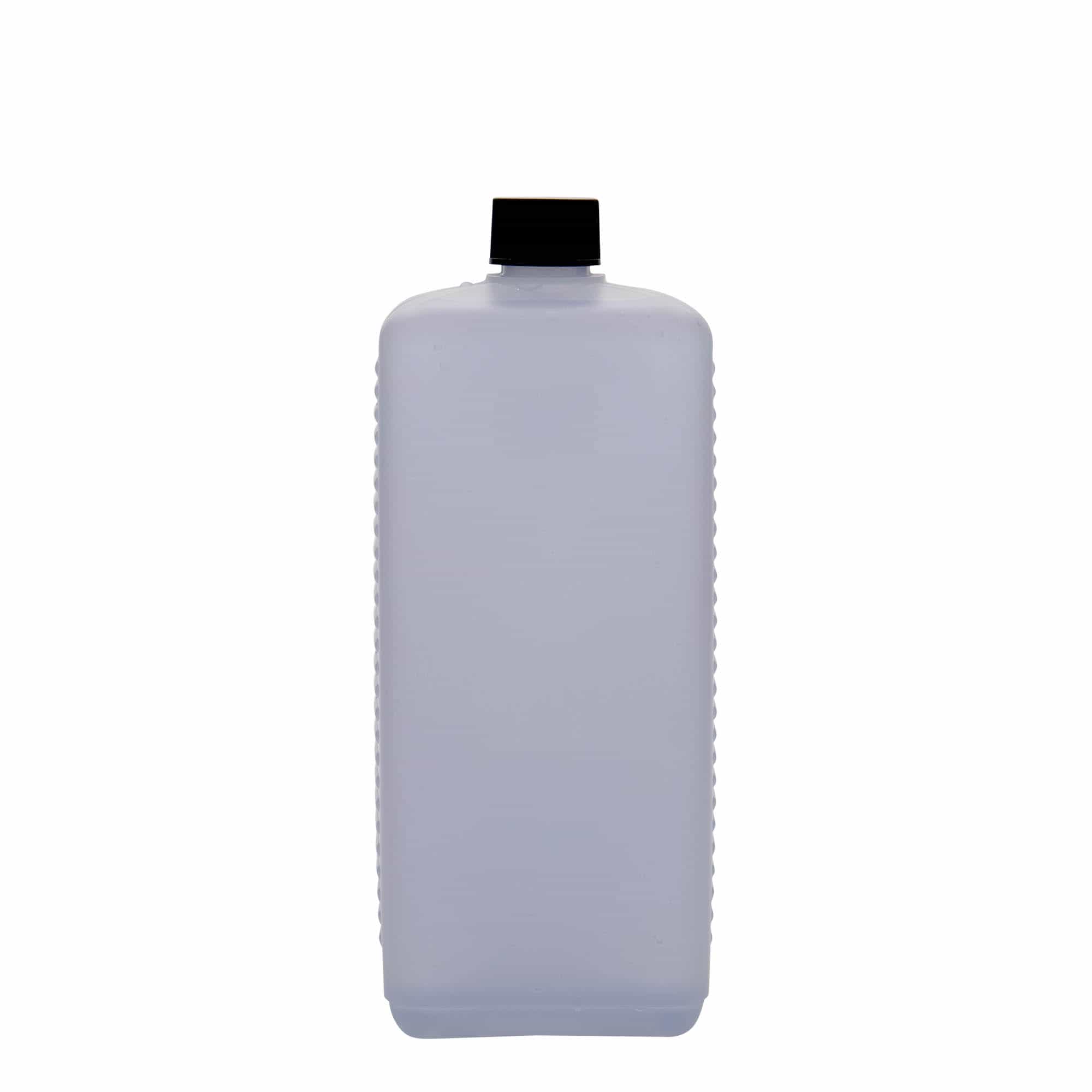 1000 ml бутилка тип туба, правоъгълна, HDPE пластмаса, естествен цвят, затваряне: винтова капачка с резба DIN 25 EPE