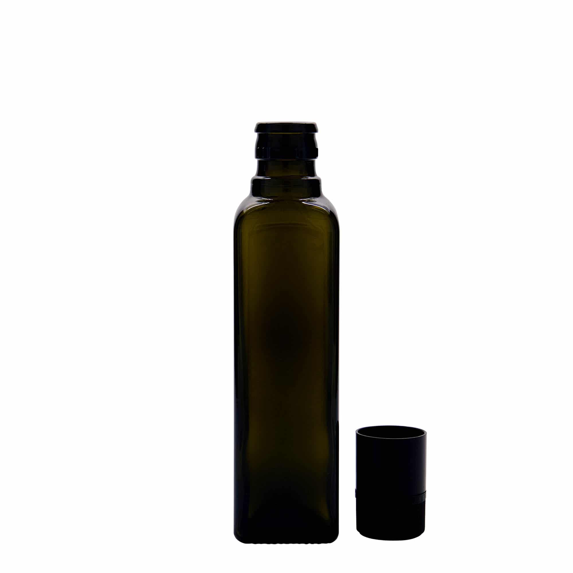 250 ml бутилка за оцет/олио „Quadra“, стъклена, квадратна, антично зелено, затваряне: без възможност за повторно пълнене