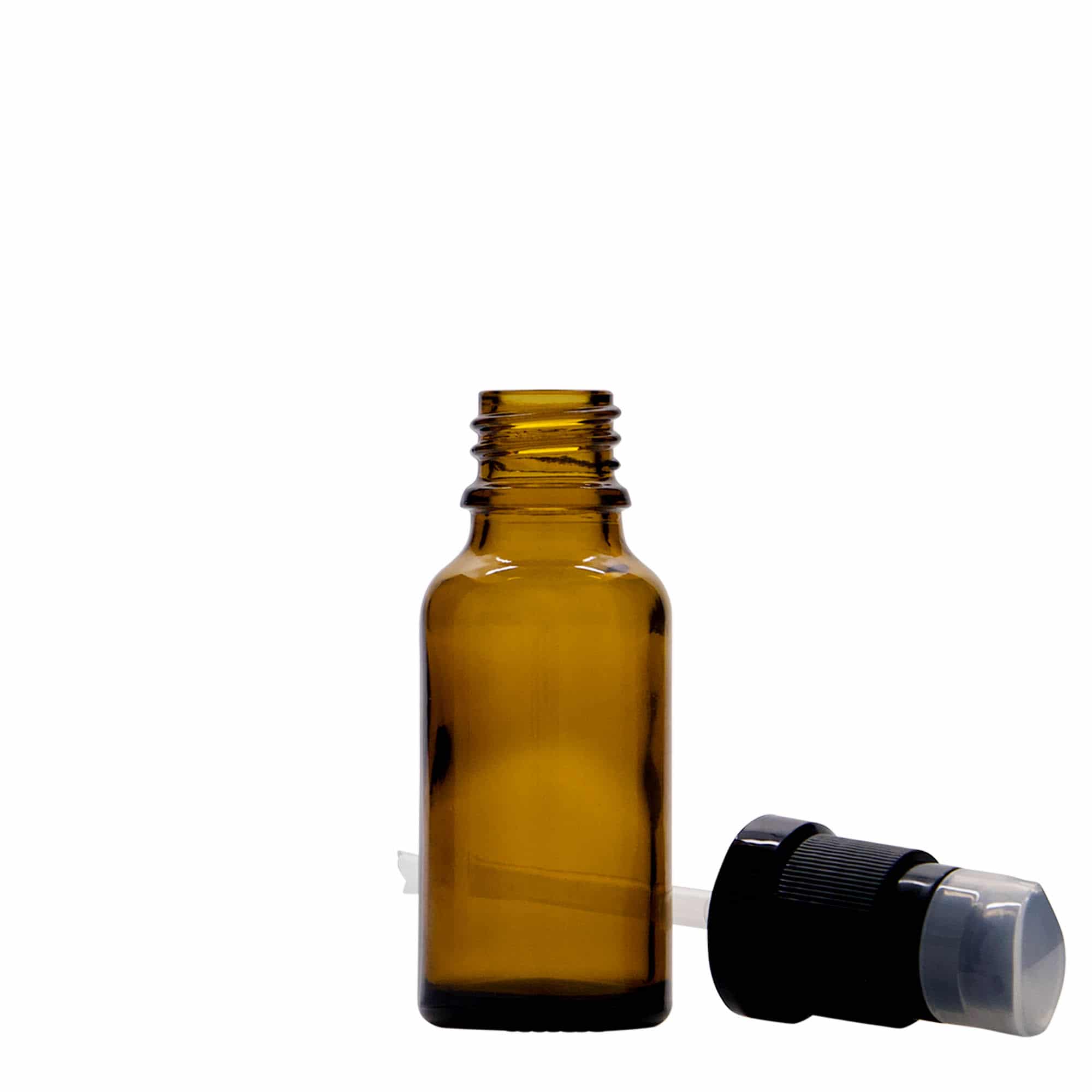 20 ml бутилка за лекарства с лосион помпа, стъклена, кафява, затваряне: винтова капачка с резба DIN 18