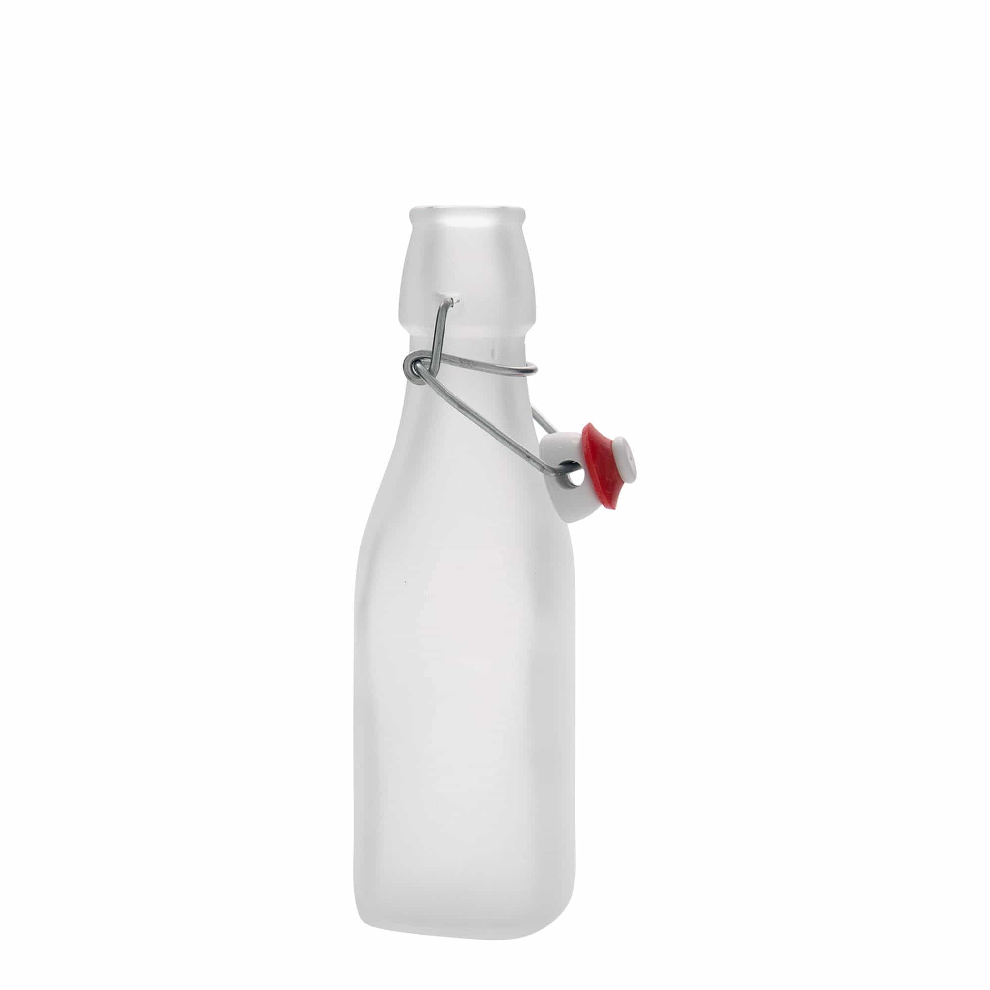 250 ml стъклена бутилка „Swing“, квадратна, бяла, затваряне: тапа с клипс