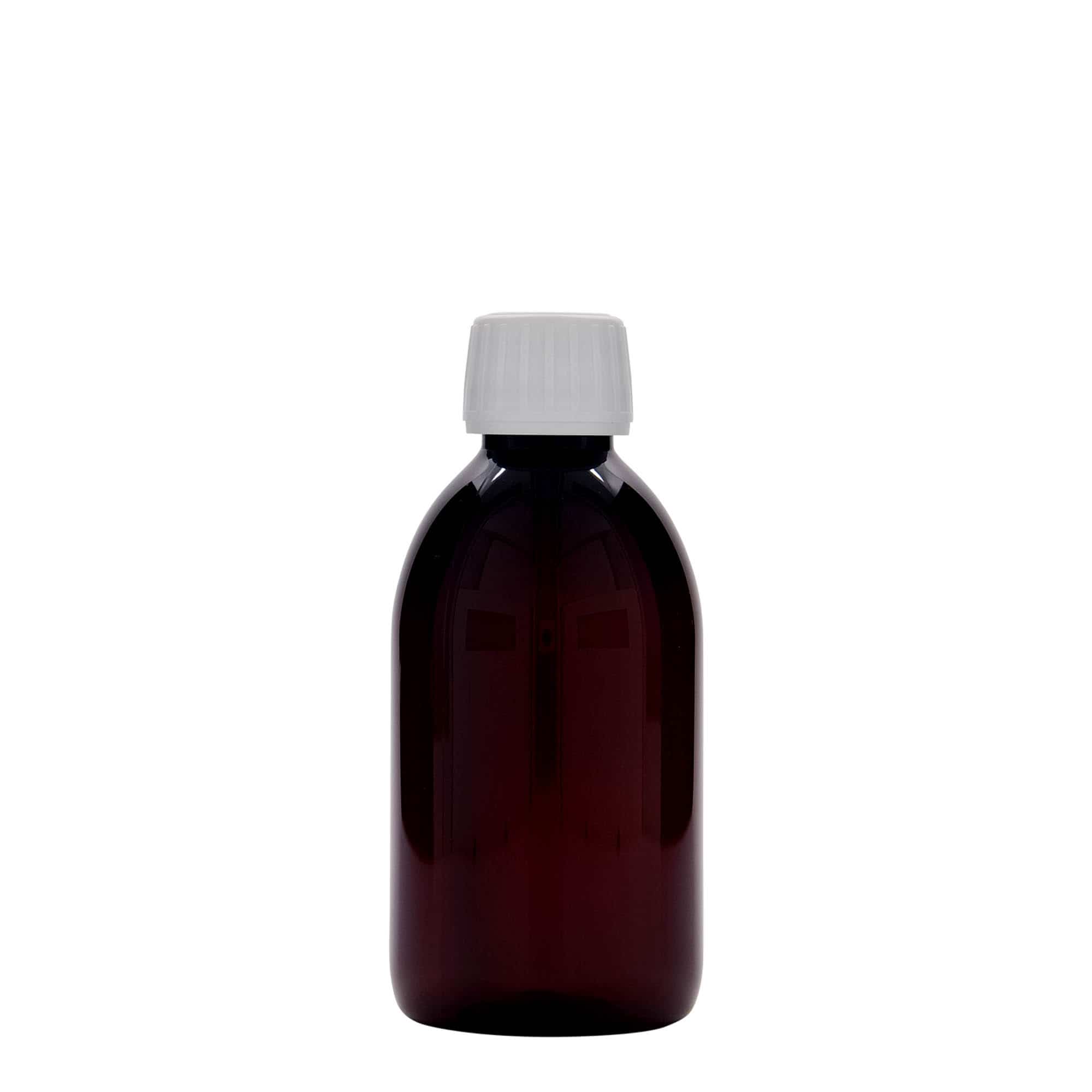 250 ml PET бутилка за лекарства, кафява, пластмасова, затваряне:: капачка PP 28