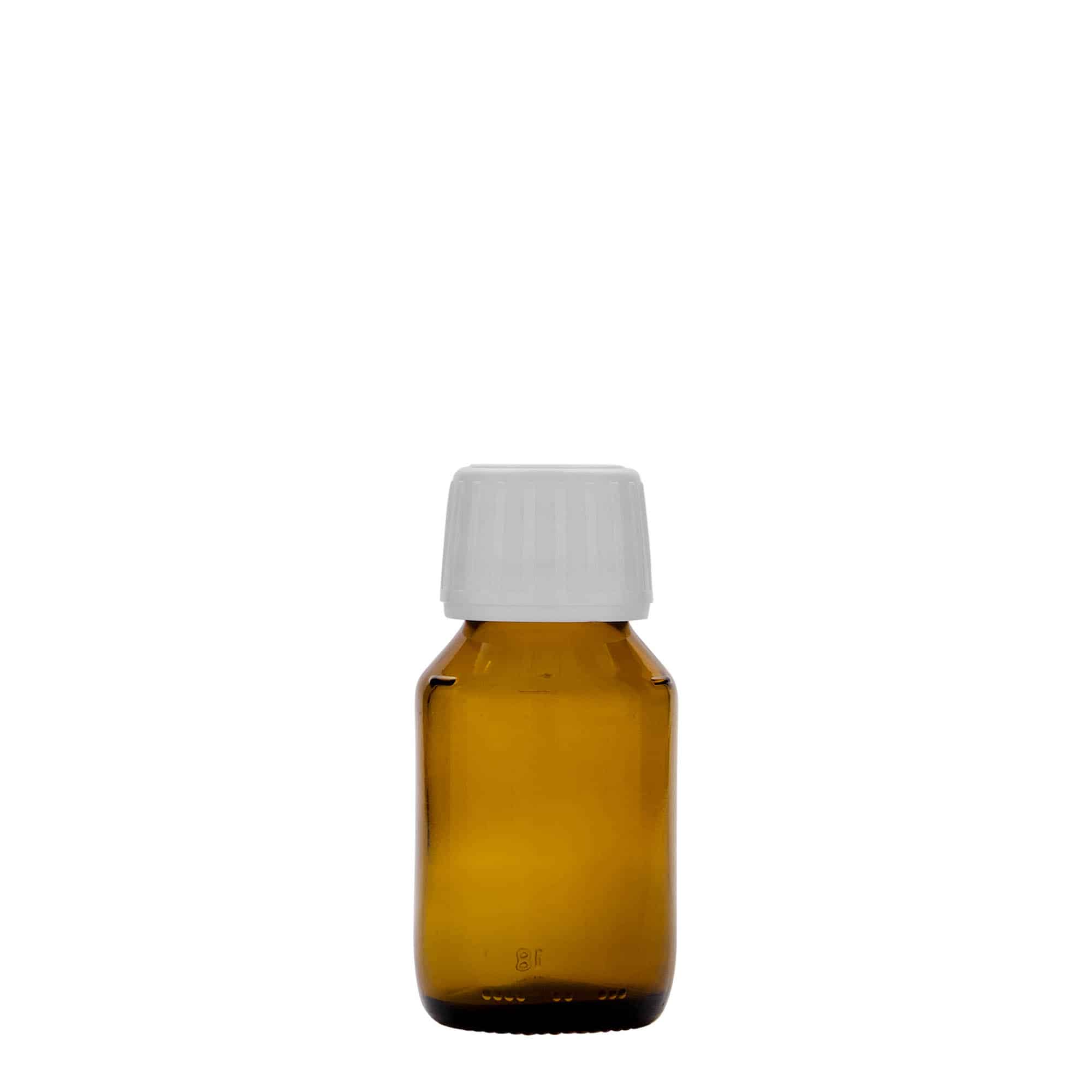 50 ml бутилка за лекарства, кафява, стъклена, затваряне: капачка PP 28