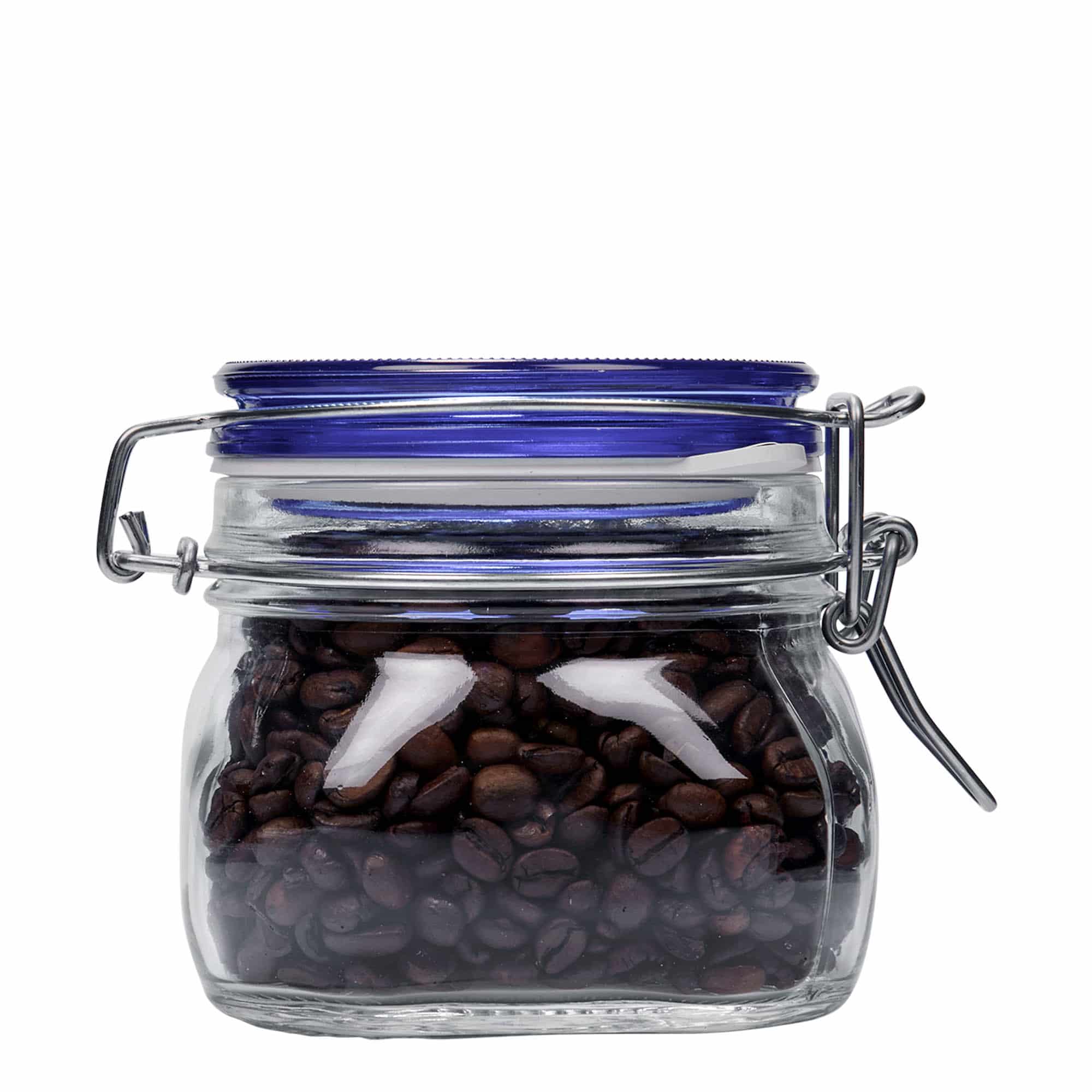 500 мл стъклен буркан с метален скобен капак 'Fido' син капак, квадратен, отвор: метален скобен затвор