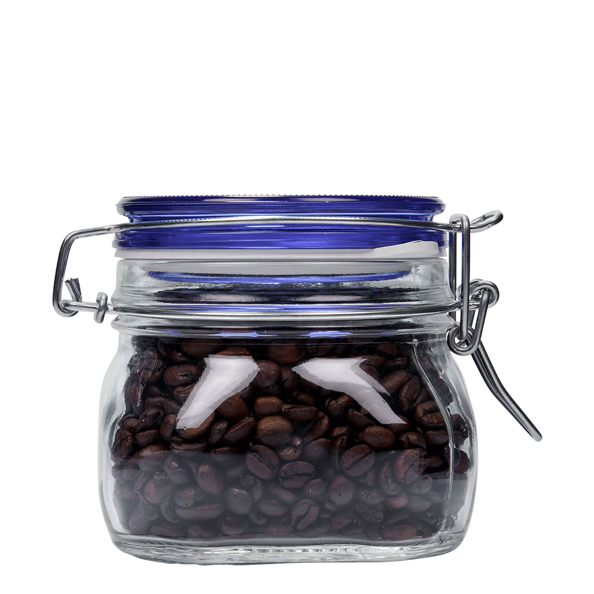 500 мл стъклен буркан с метален скобен капак 'Fido' син капак, квадратен, отвор: метален скобен затвор 500 мл стъклен буркан с метален скобен капак 'Fido' син капак, квадратен, отвор: метален скобен затвор