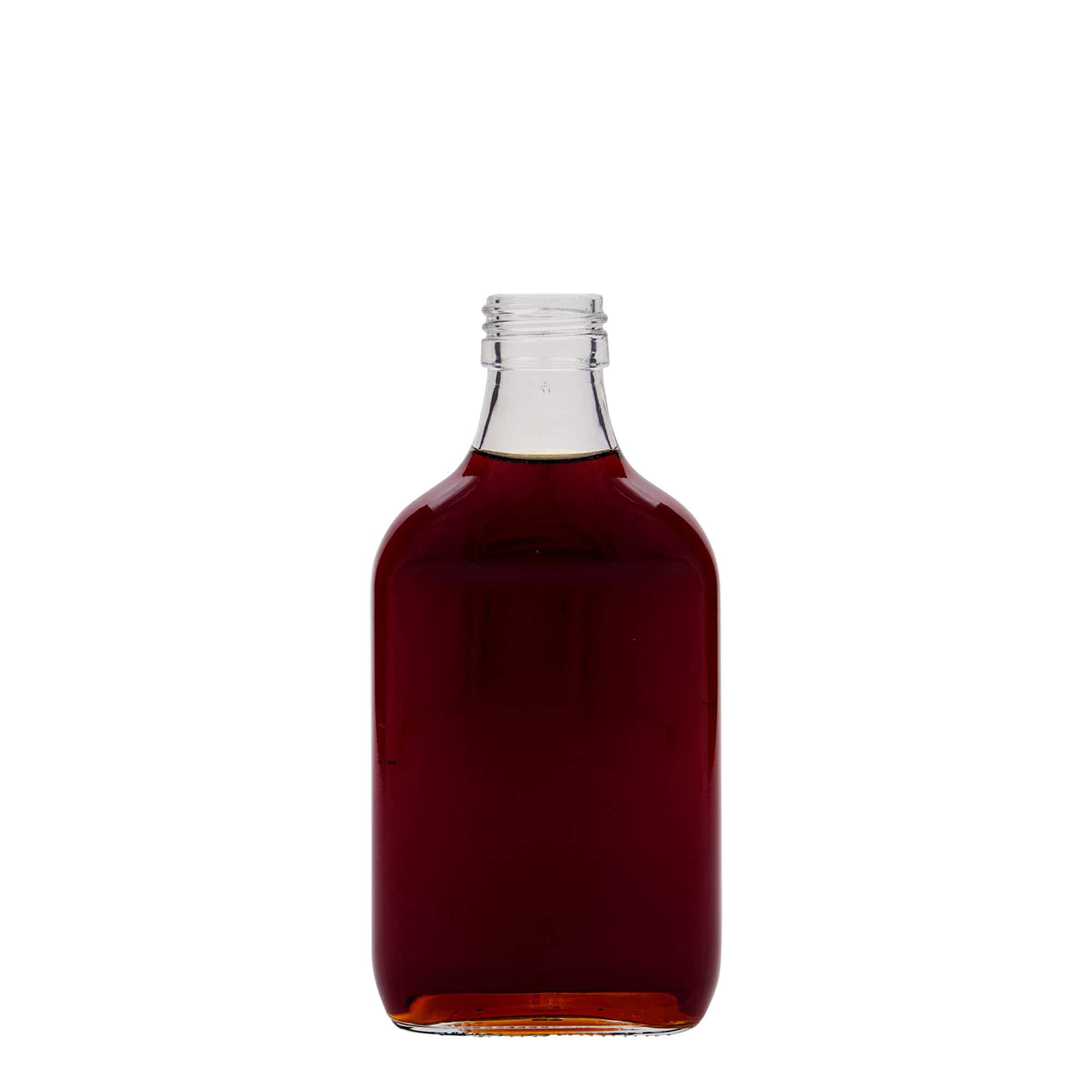 200 ml джобна бутилка, правоъгълна, стъклена, затваряне: капачка PP 28