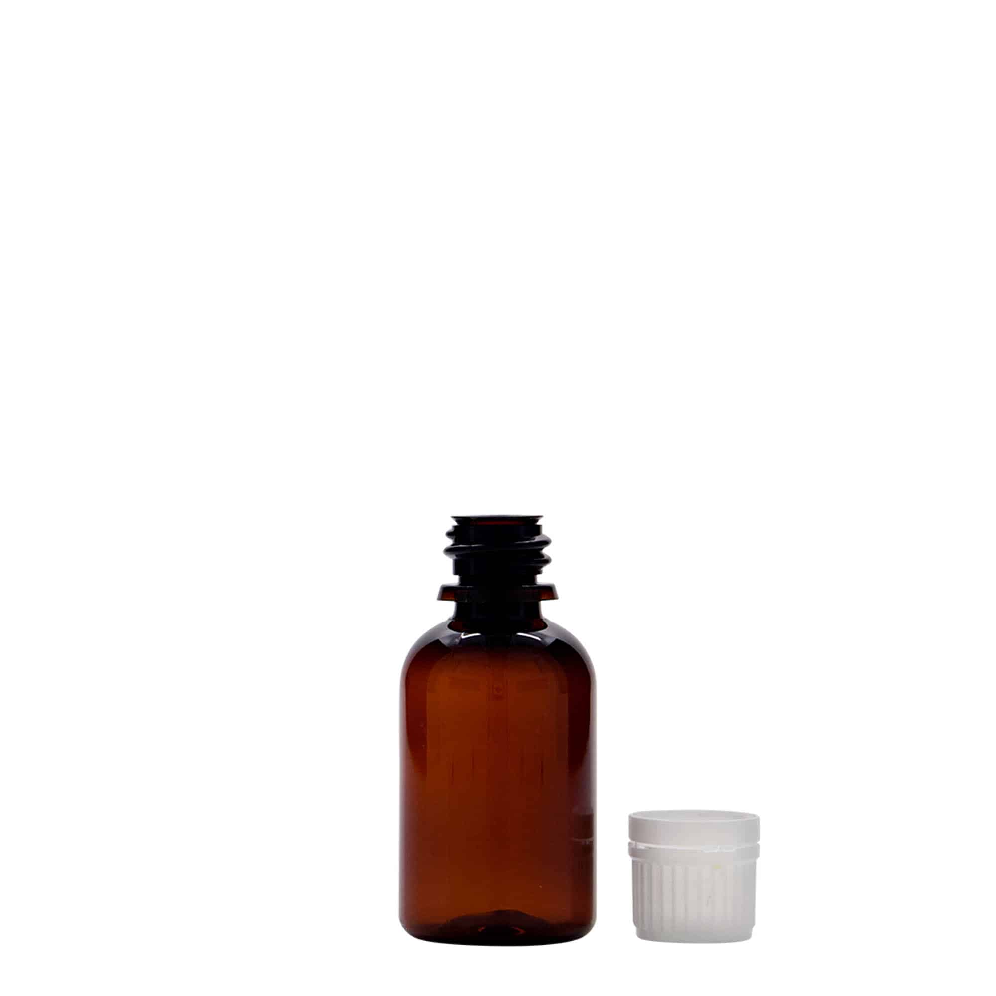 30 ml PET бутилка за лекарства „Easy Living“, кафява, пластмасова, затваряне: винтова капачка с резба DIN 18