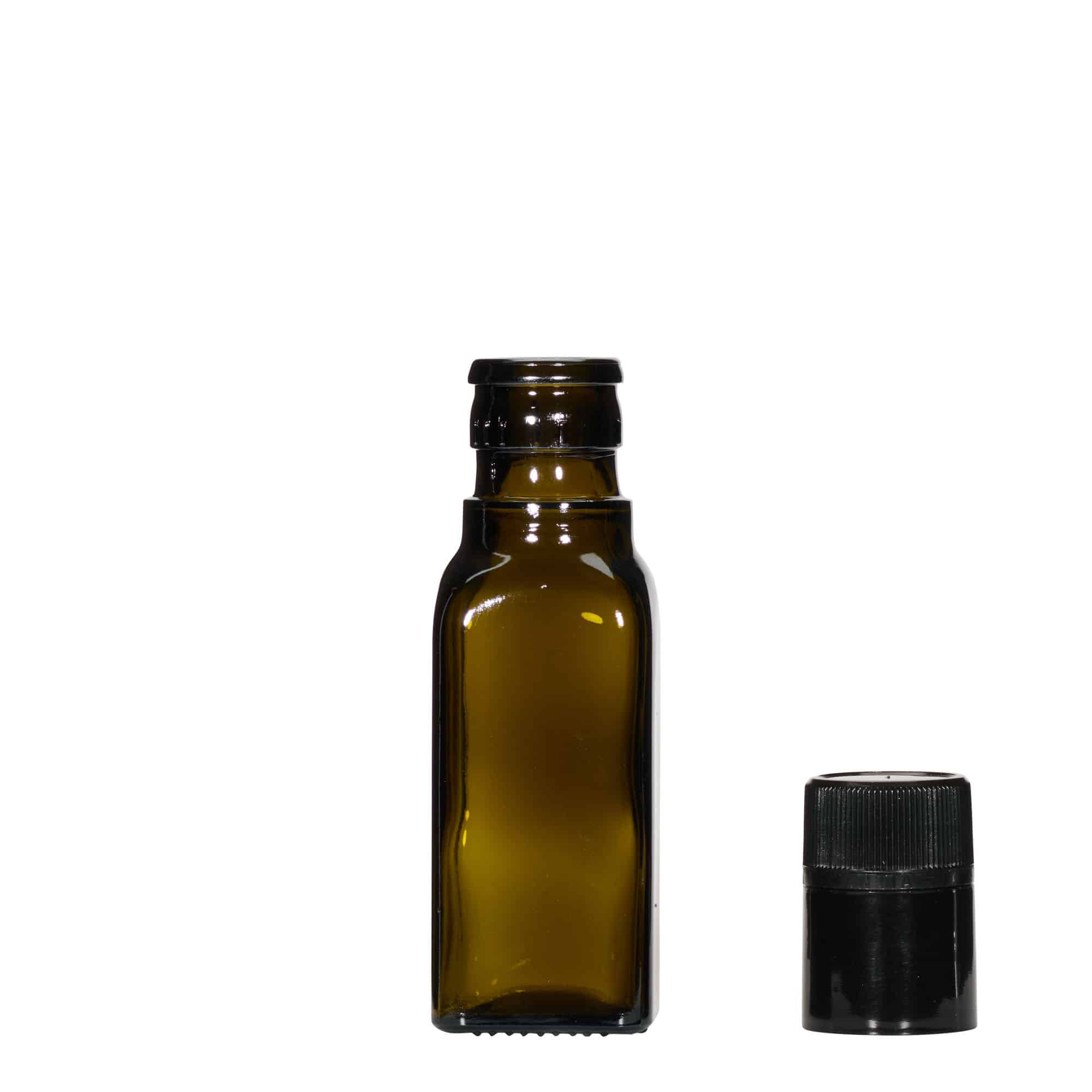 100 ml бутилка за оцет/олио „Quadra“, стъклена, квадратна, антично зелено, затваряне: без възможност за повторно пълнене