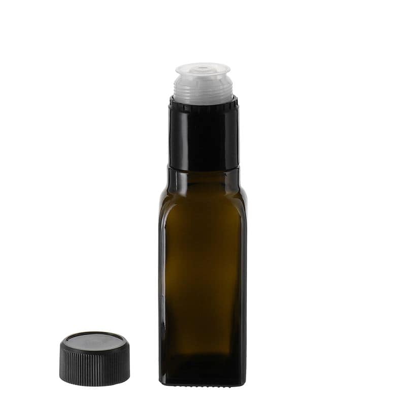 100 ml бутилка за оцет/олио „Quadra“, стъклена, квадратна, антично зелено, затваряне: без възможност за повторно пълнене
