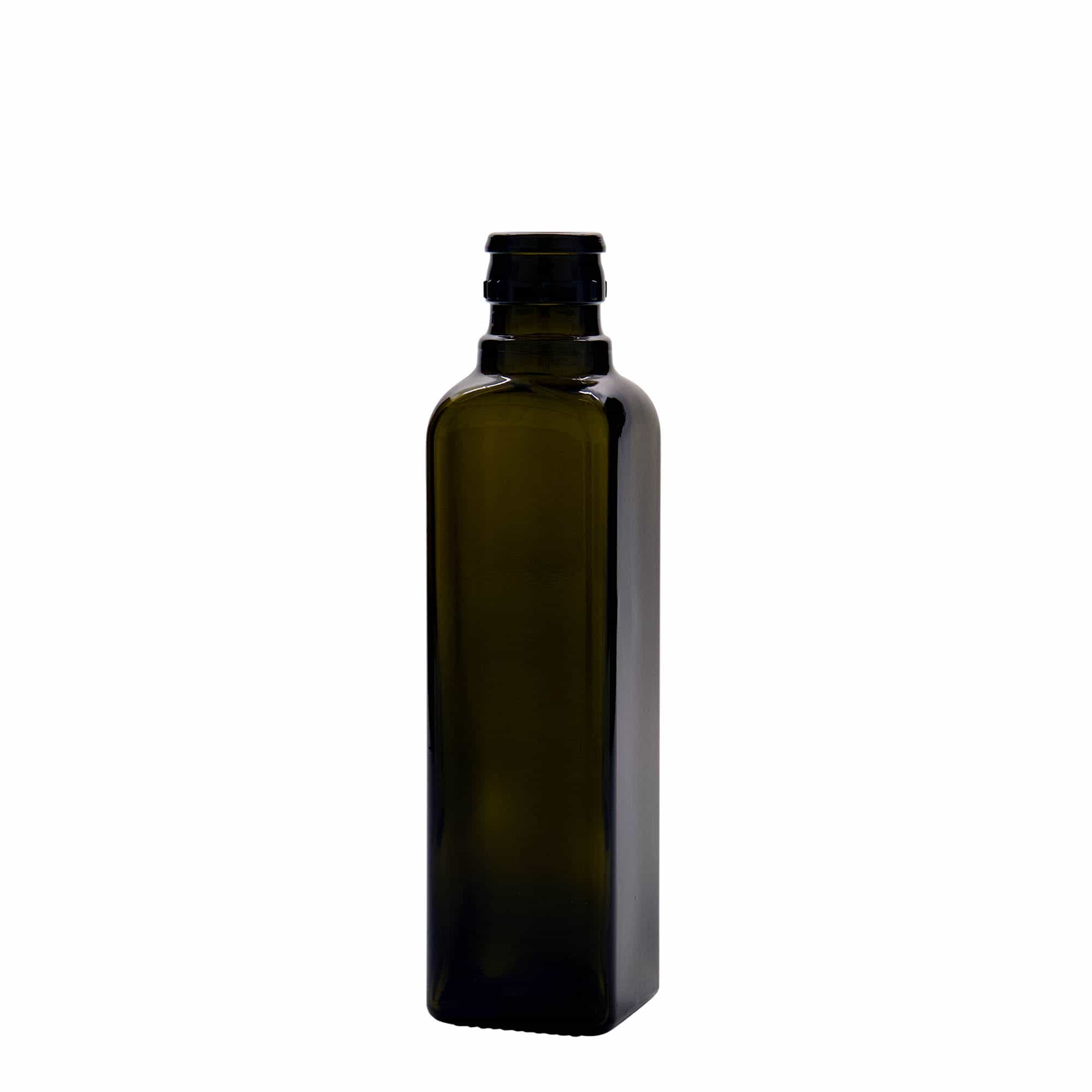 250 ml бутилка за оцет/олио „Quadra“, стъклена, квадратна, антично зелено, затваряне: без възможност за повторно пълнене