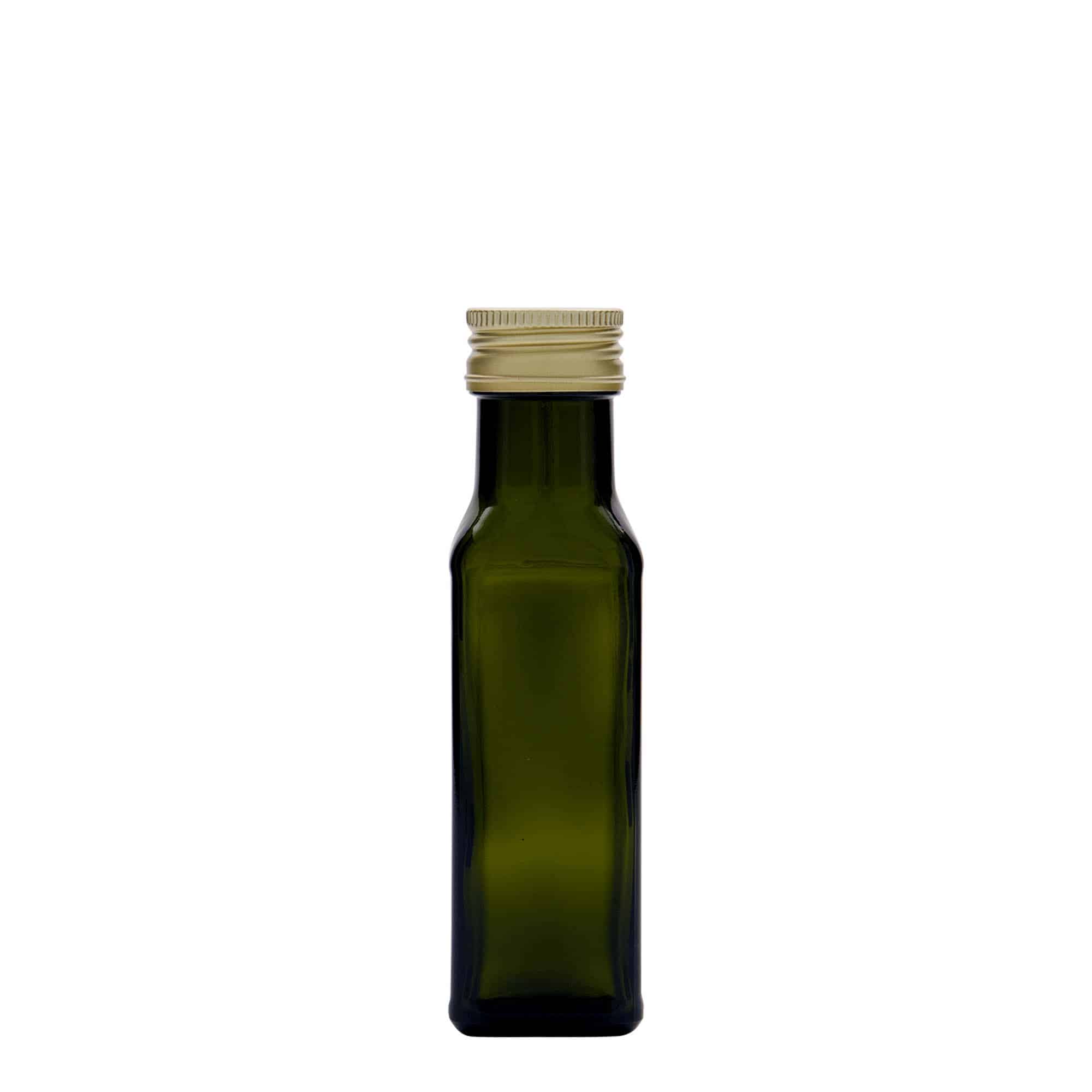 100 ml стъклена бутилка „Marasca“, квадратна, антично зелена, затваряне: капачка PP 31,5