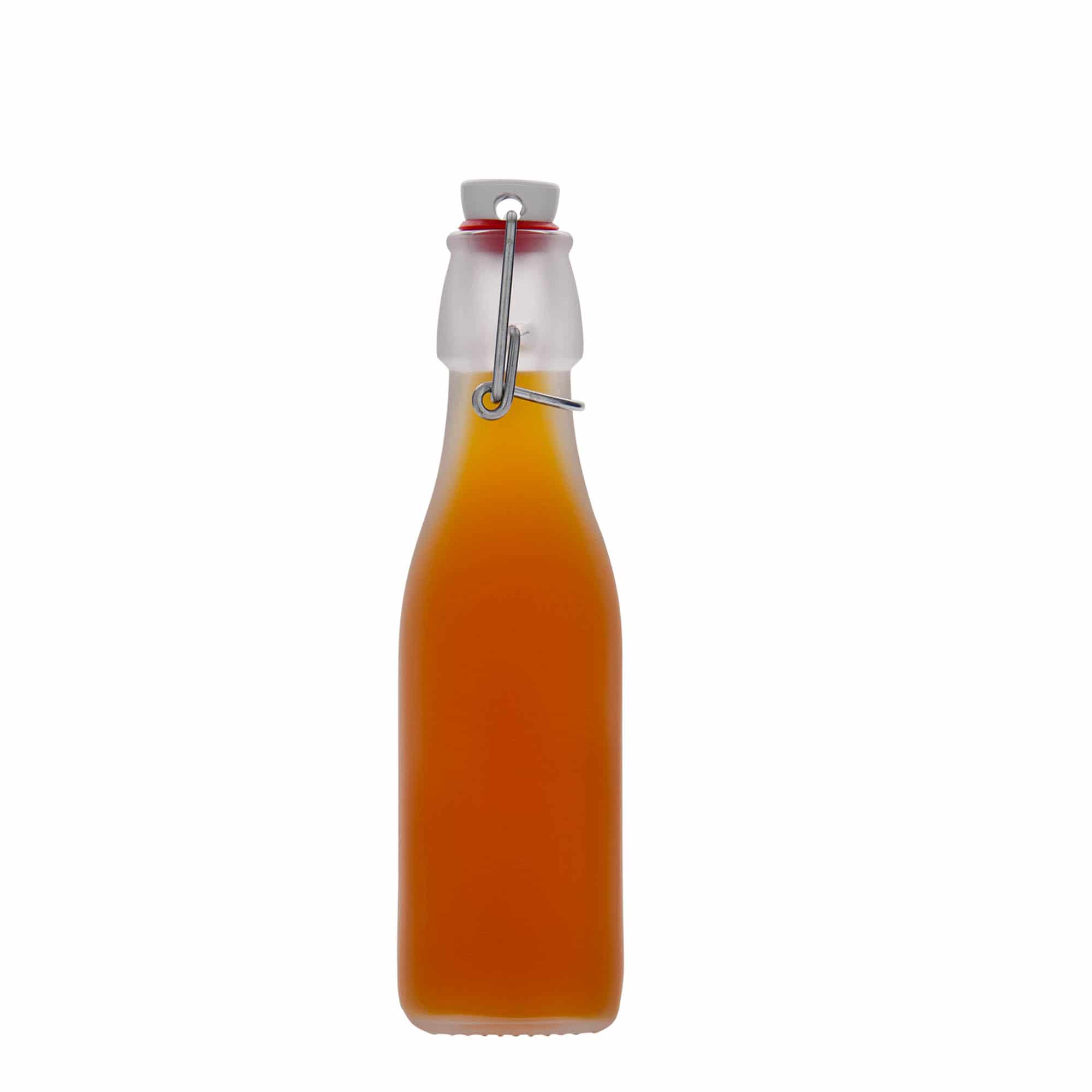 250 ml стъклена бутилка „Swing“, квадратна, бяла, затваряне: тапа с клипс