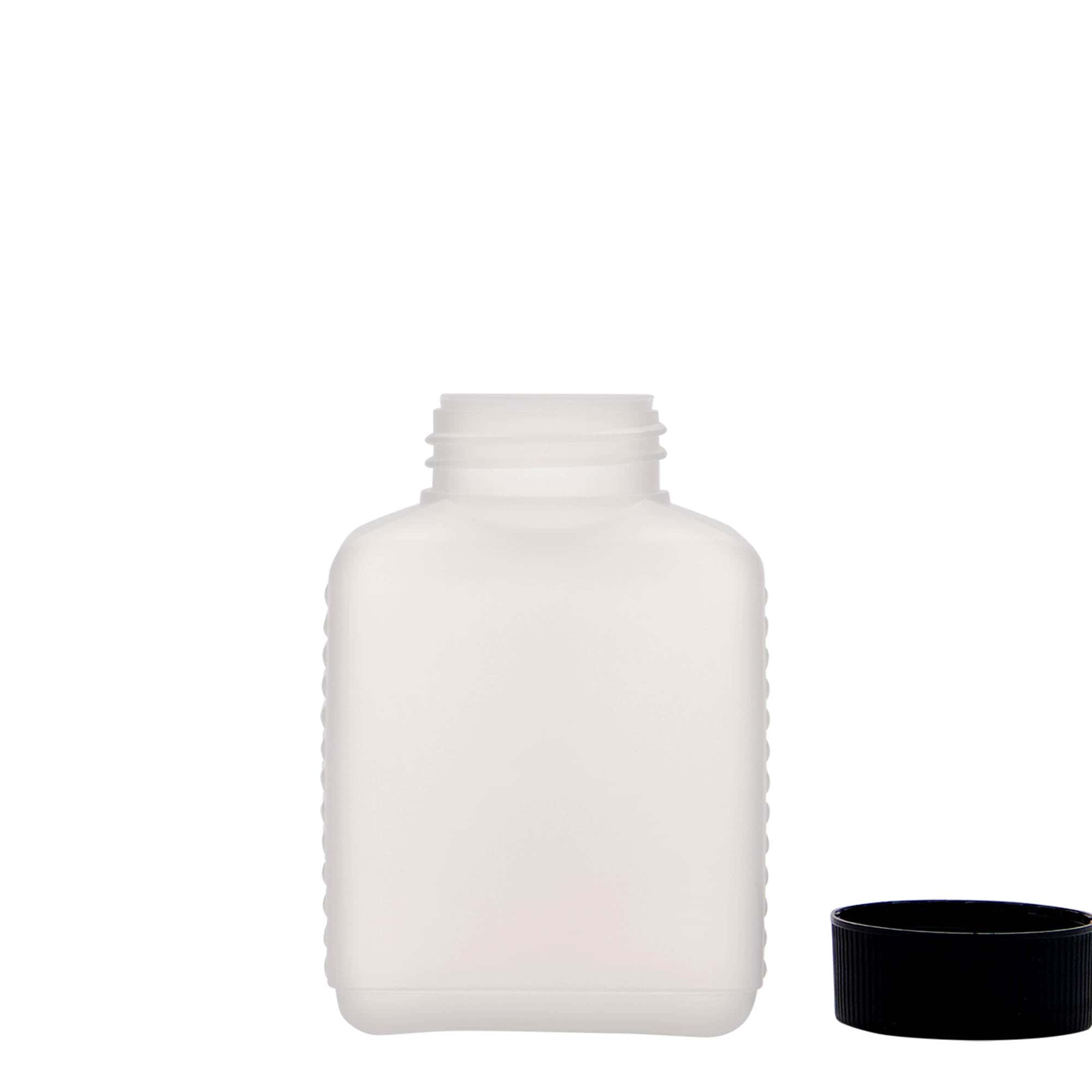 250 ml бутилка с широко гърло, правоъгълна, HDPE пластмаса, естествен цвят, затваряне: винтова капачка с резба DIN 40 EPE 250 ml бутилка с широко гърло, правоъгълна, HDPE пластмаса, естествен цвят, затваряне: винтова капачка с резба DIN 40 EPE