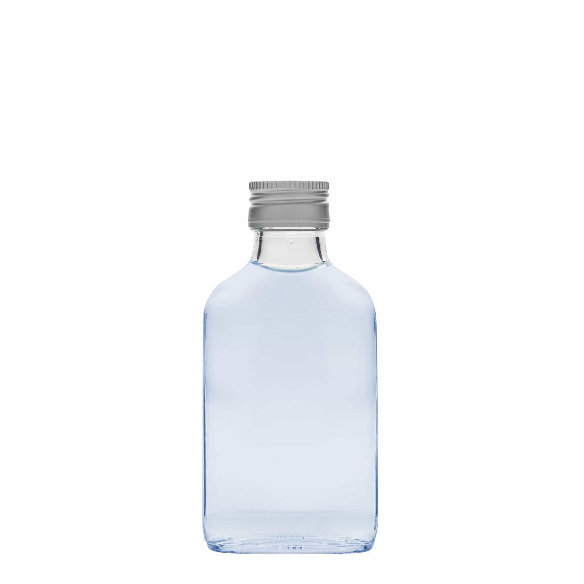 100 ml джобна бутилка, правоъгълна, стъклена, затваряне: капачка PP 28