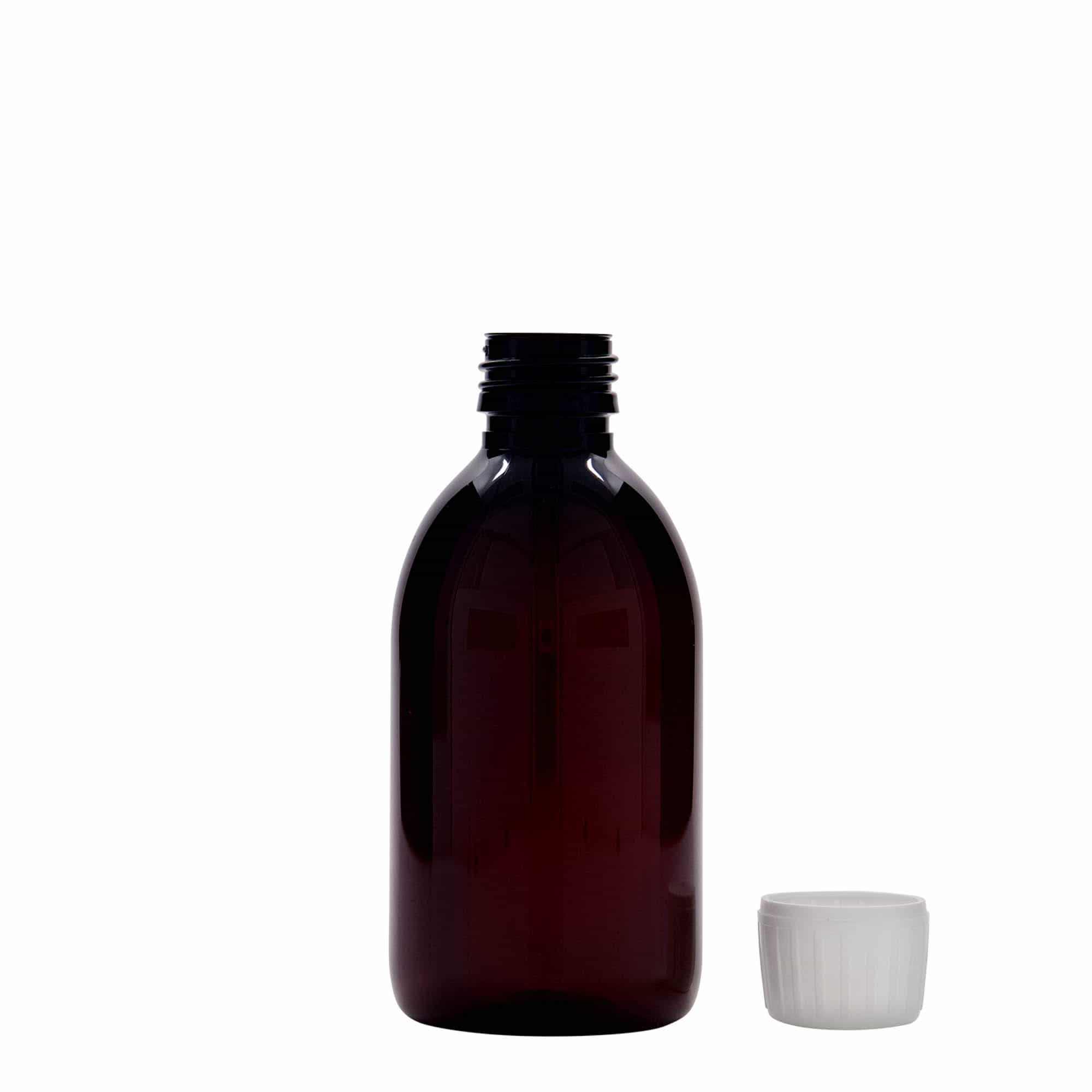 250 ml PET бутилка за лекарства, кафява, пластмасова, затваряне:: капачка PP 28