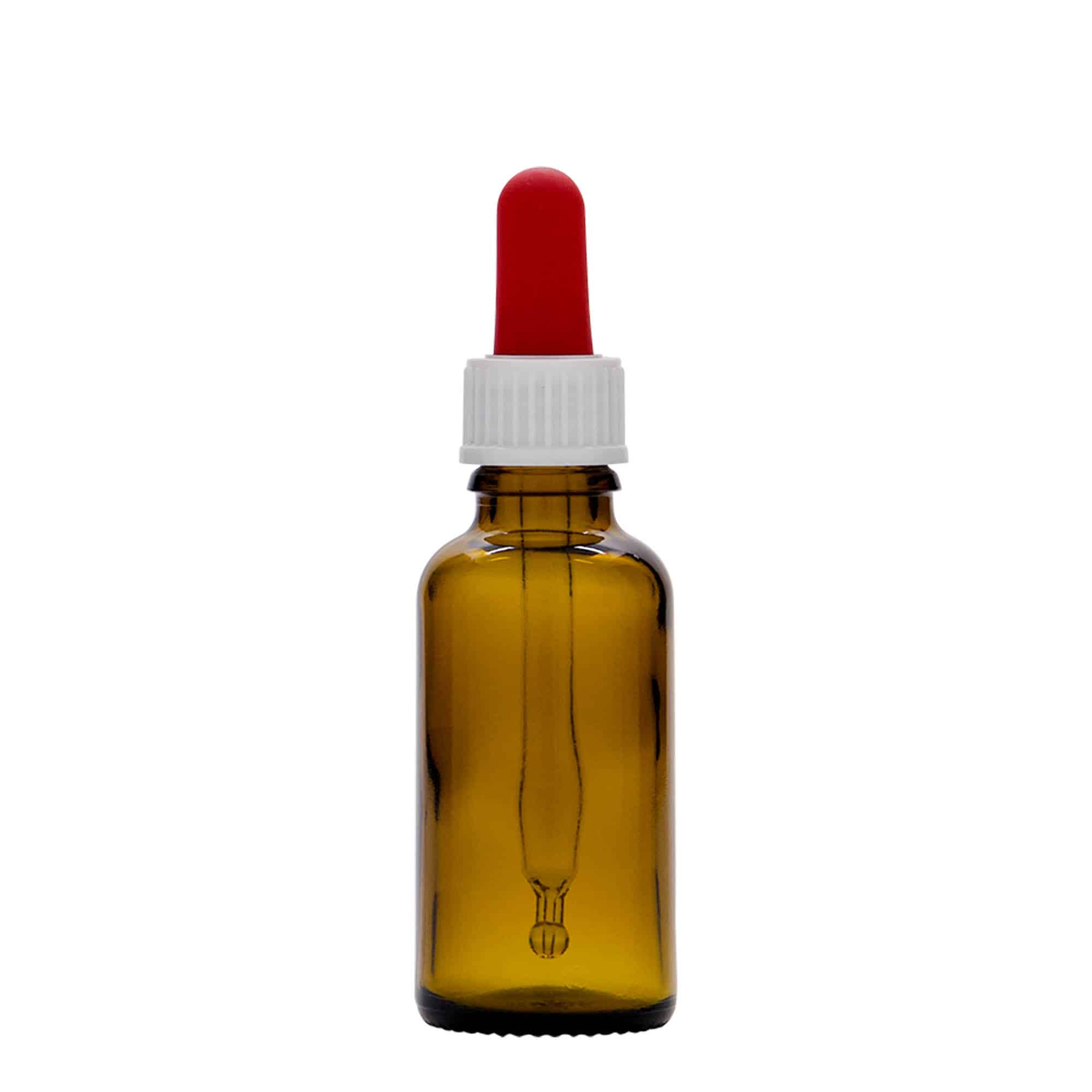 30 ml бутилка за лекарства с пипета, стъклена, кафява, затваряне: винтова капачка с резба DIN 18
