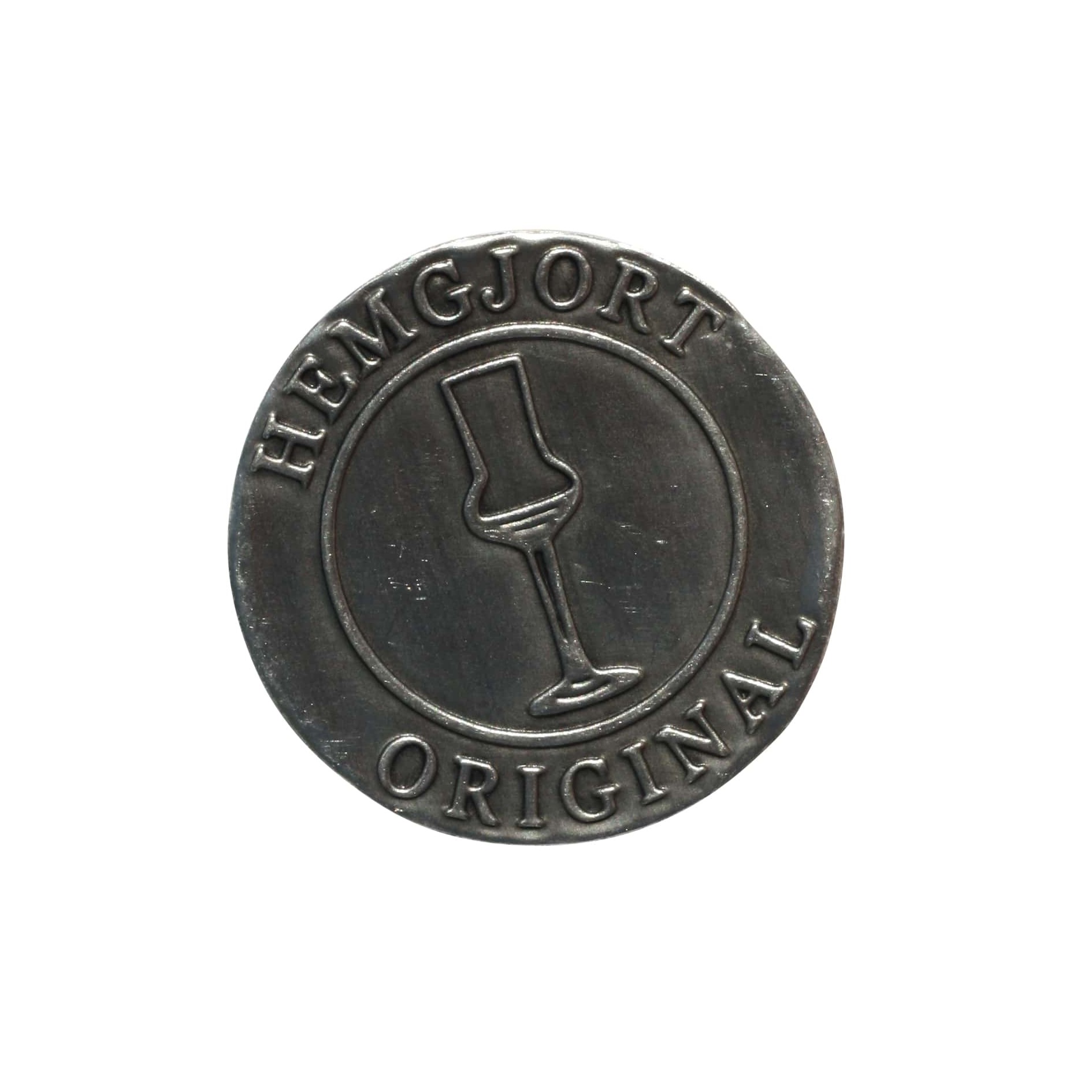 Оловна етикета „Hemgjort Original“, кръгла, метална, сребриста Оловна етикета „Hemgjort Original“, кръгла, метална, сребриста