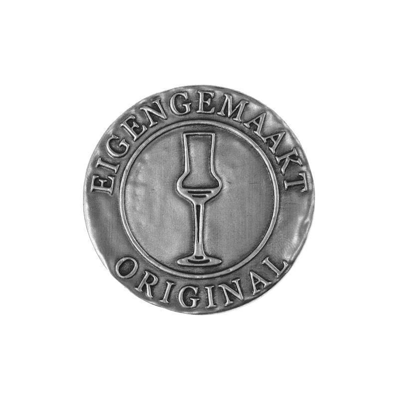 Свинче етикет „Eigengemaakt“, кръгъл, метален, сребърен Свинче етикет „Eigengemaakt“, кръгъл, метален, сребърен