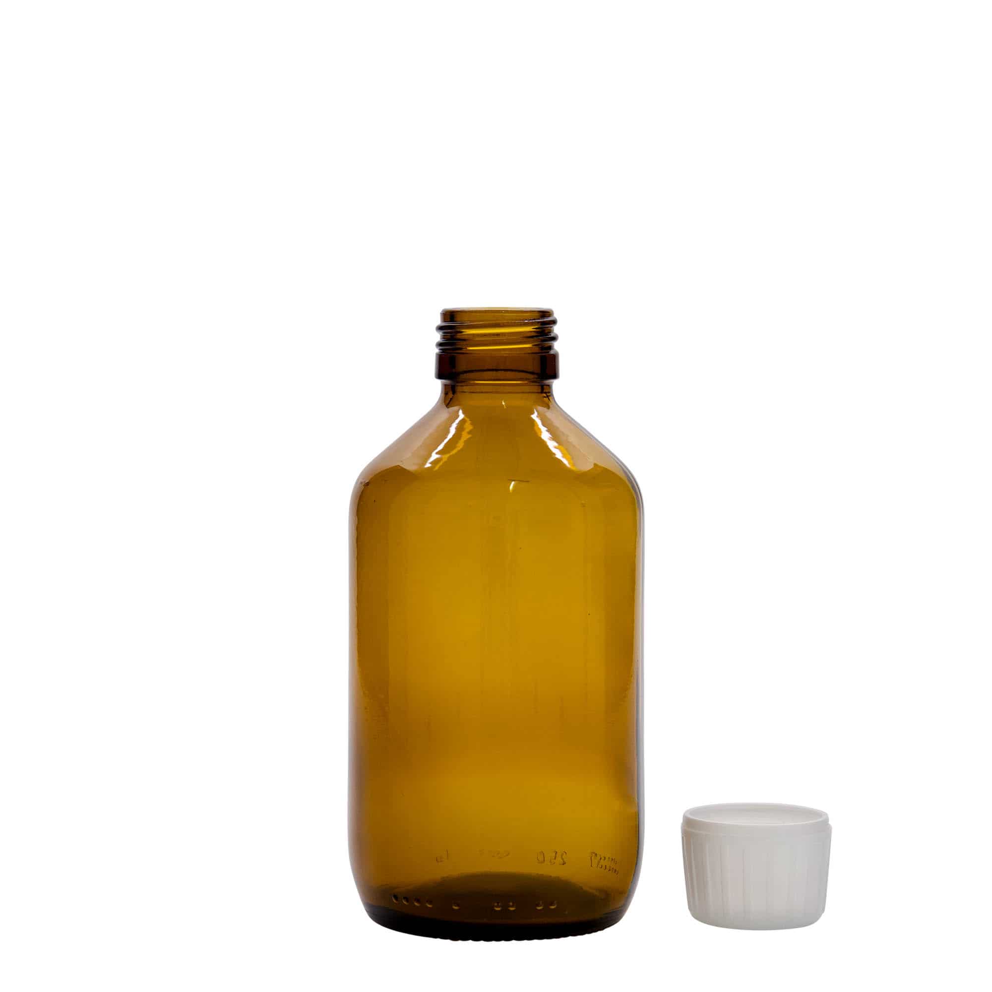 250 ml бутилка за лекарства, кафява, стъклена, затваряне: капачка PP 28