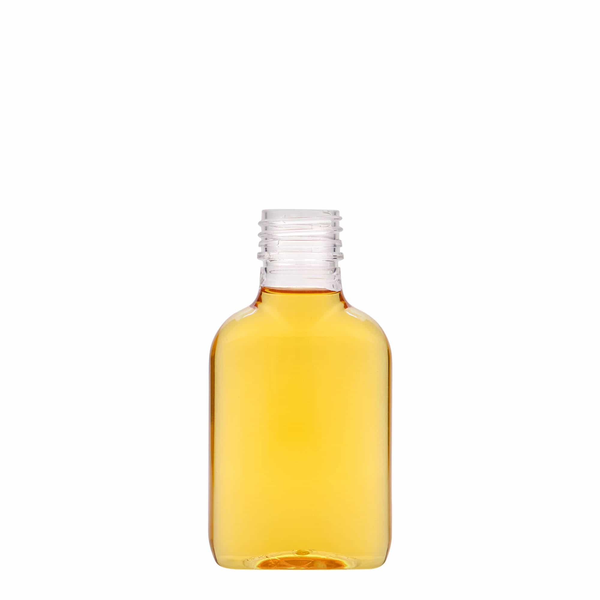 100 ml джобна бутилка, овална, PET пластмаса, затваряне: капачка PP 28