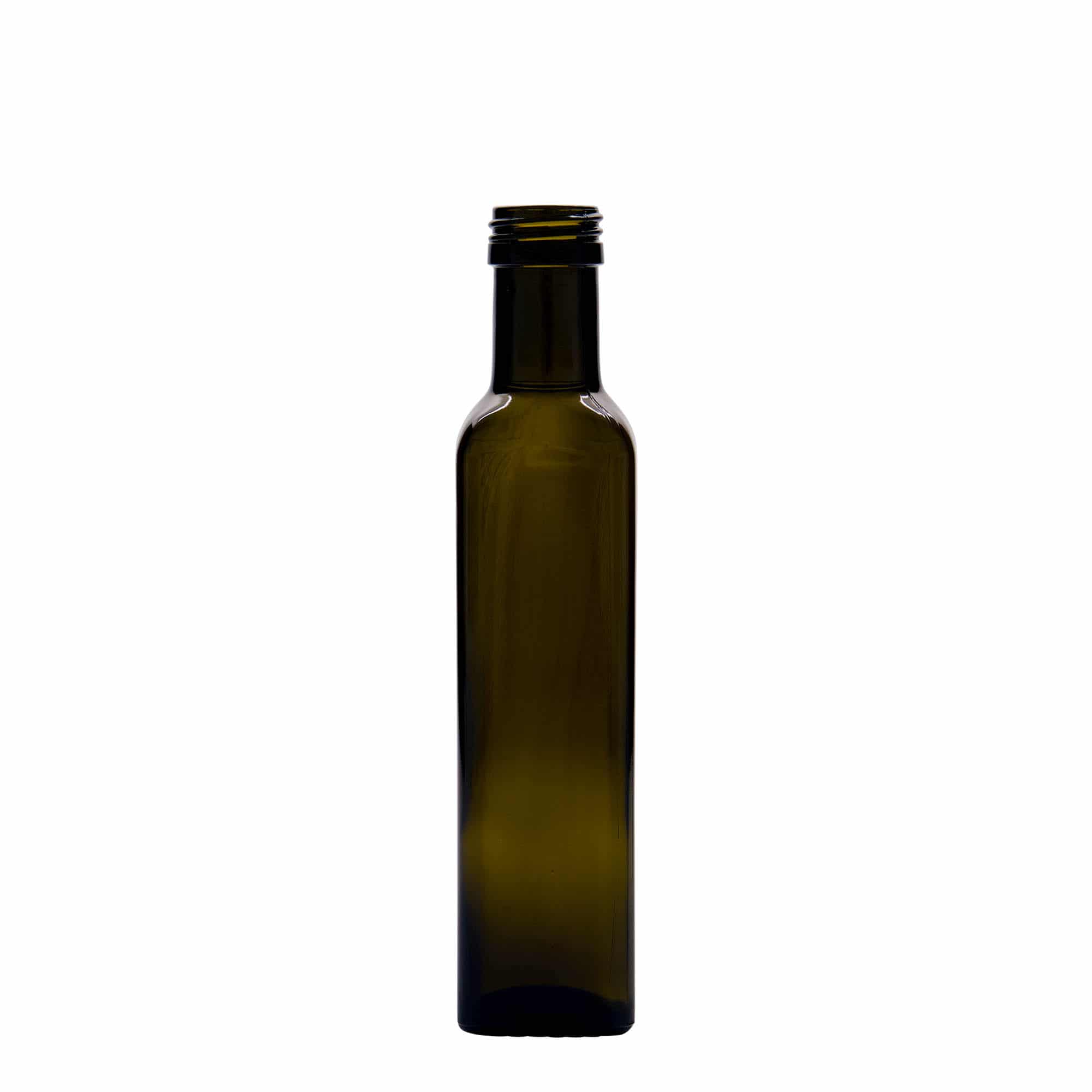 250 ml стъклена бутилка „Marasca“, квадратна, антично зелено, затваряне: капачка PP 31,5