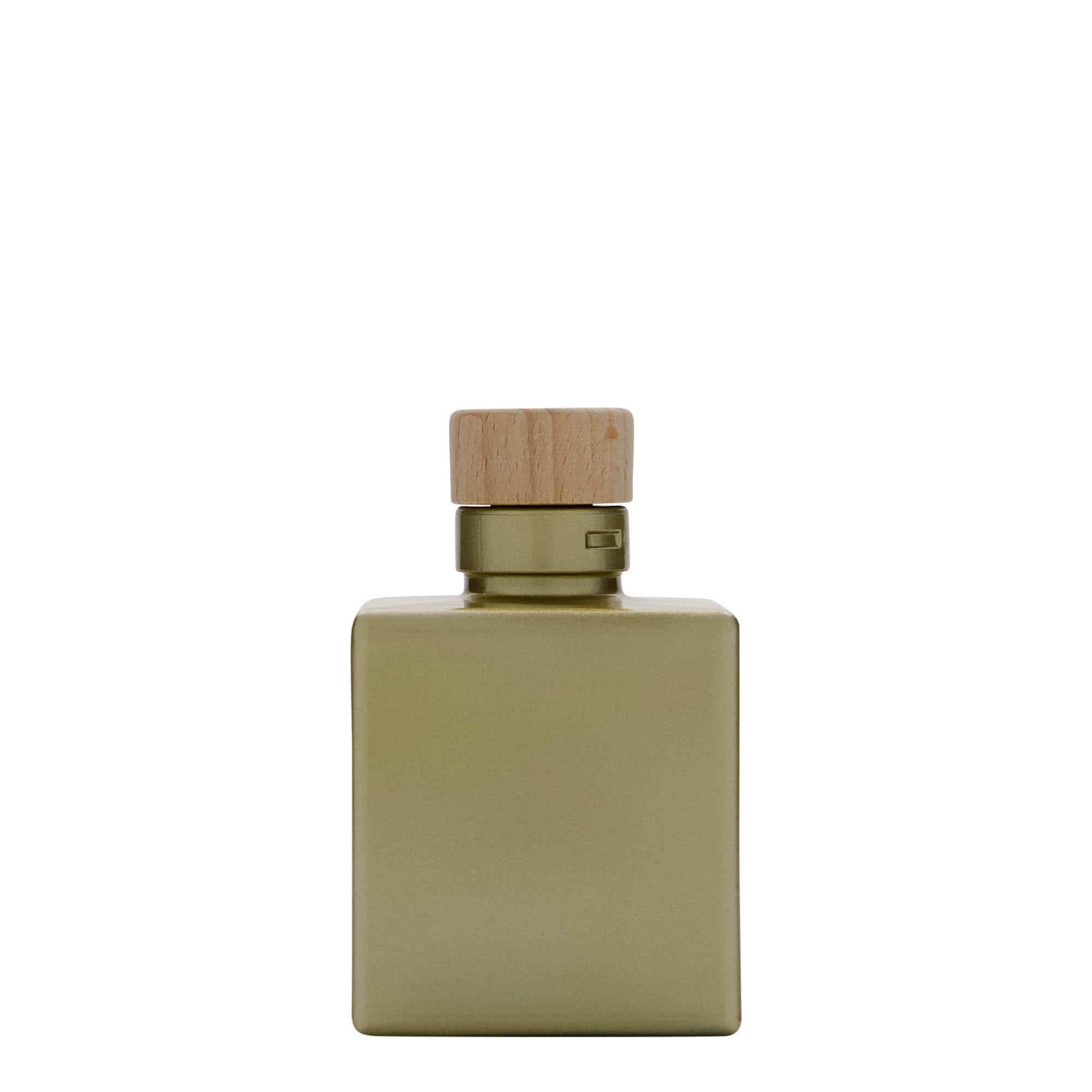 100 ml стъклена бутилка „Cube“, квадратна, златиста, затваряне: коркова тапа