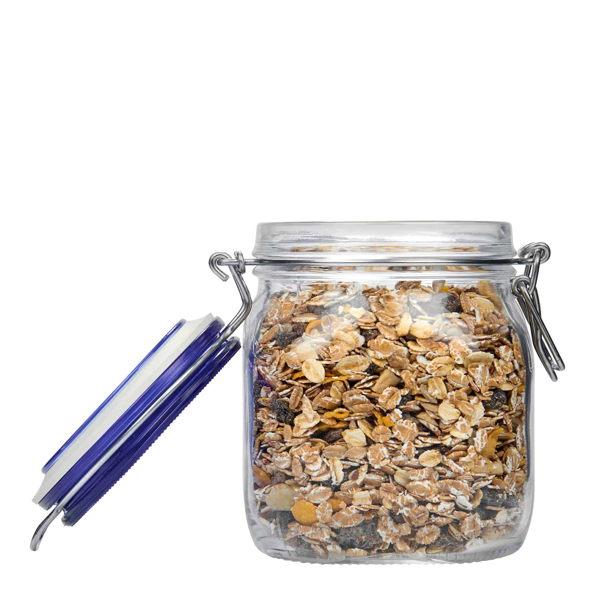 750 мл стъклен буркан с телена закопчалка 'Fido' със син капак, квадратен, отвор: телена закопчалка