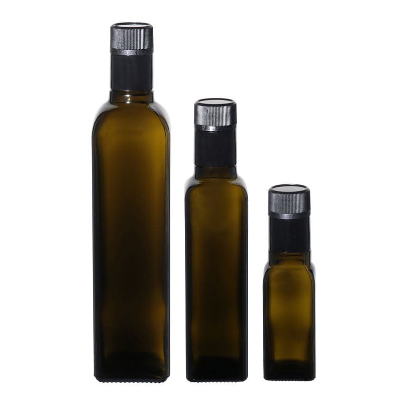 100 ml бутилка за оцет/олио „Quadra“, стъклена, квадратна, антично зелено, затваряне: без възможност за повторно пълнене