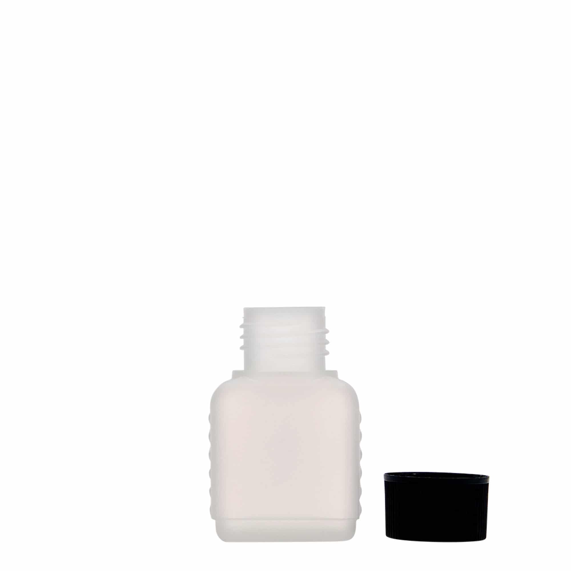 50 ml бутилка тип туба, правоъгълна, HDPE пластмаса, естествен цвят, затваряне: винтова капачка с резба DIN 25