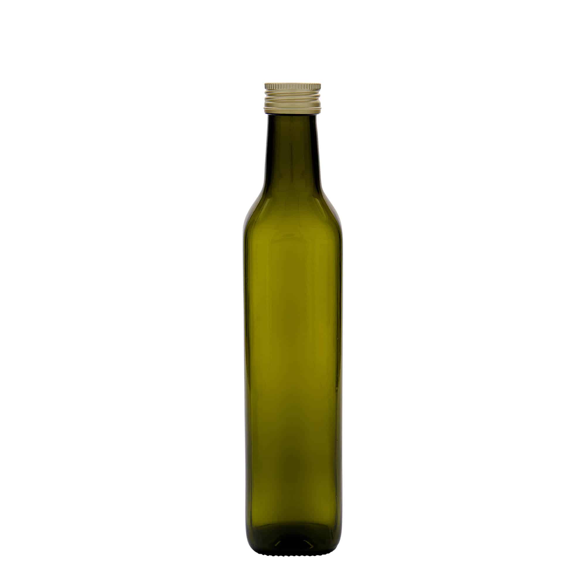 500 ml стъклена бутилка „Marasca“, квадратна, антично зелено, затваряне: капачка PP 31,5
