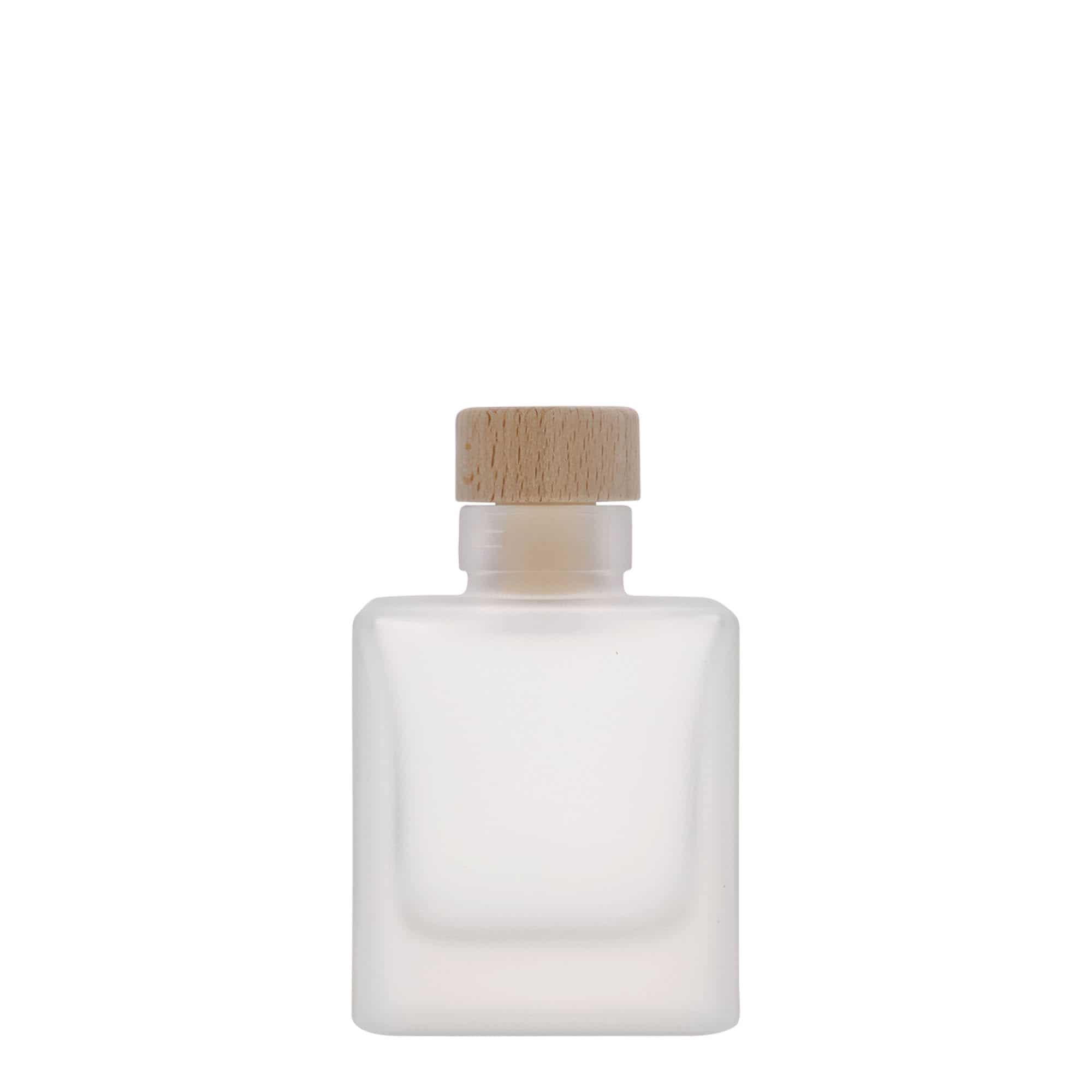100 ml стъклена бутилка „Cube“, квадратна, със заскрежен ефект, затваряне: коркова тапа
