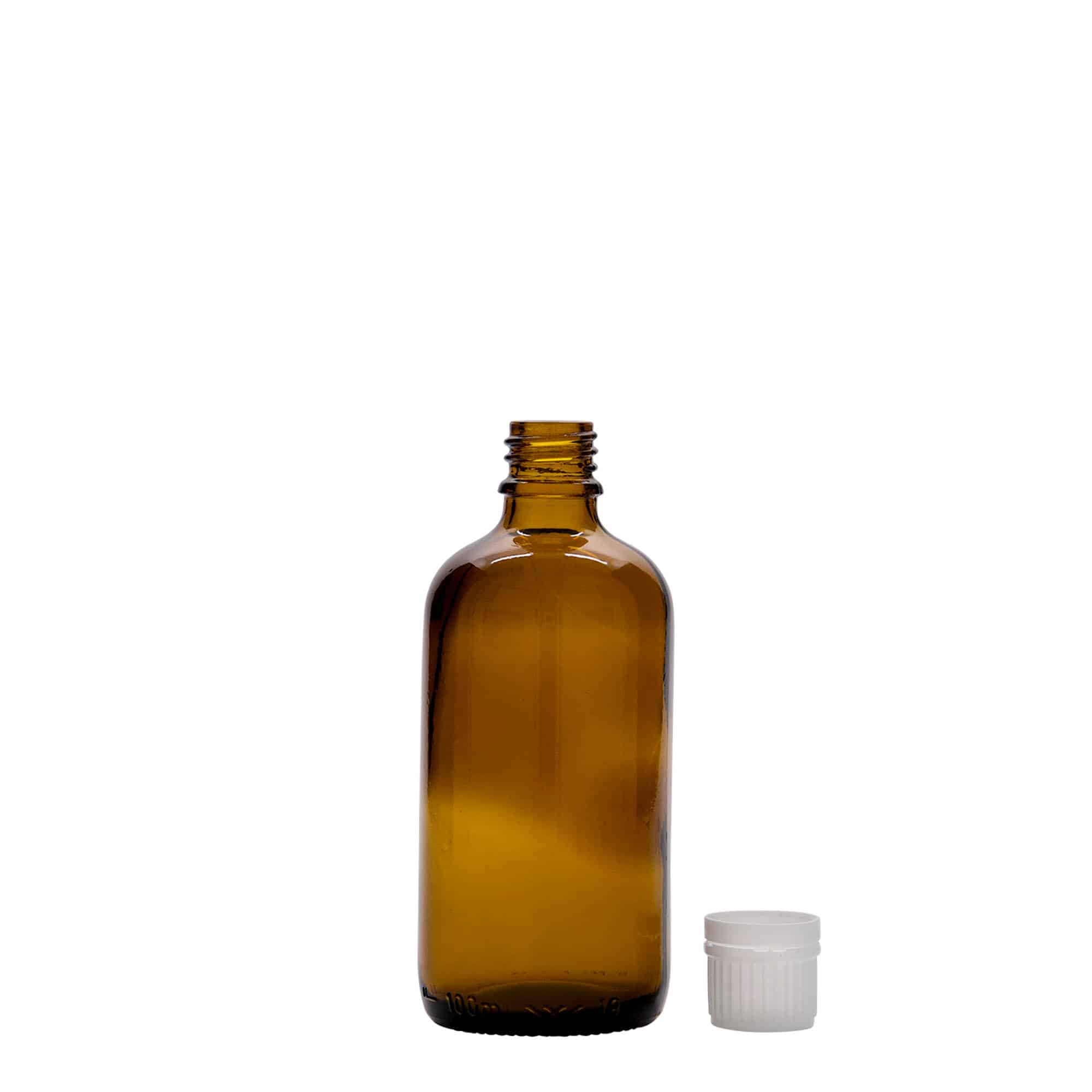 100 ml бутилка за лекарства, стъклена, кафява, затваряне: винтова капачка с резба DIN 18