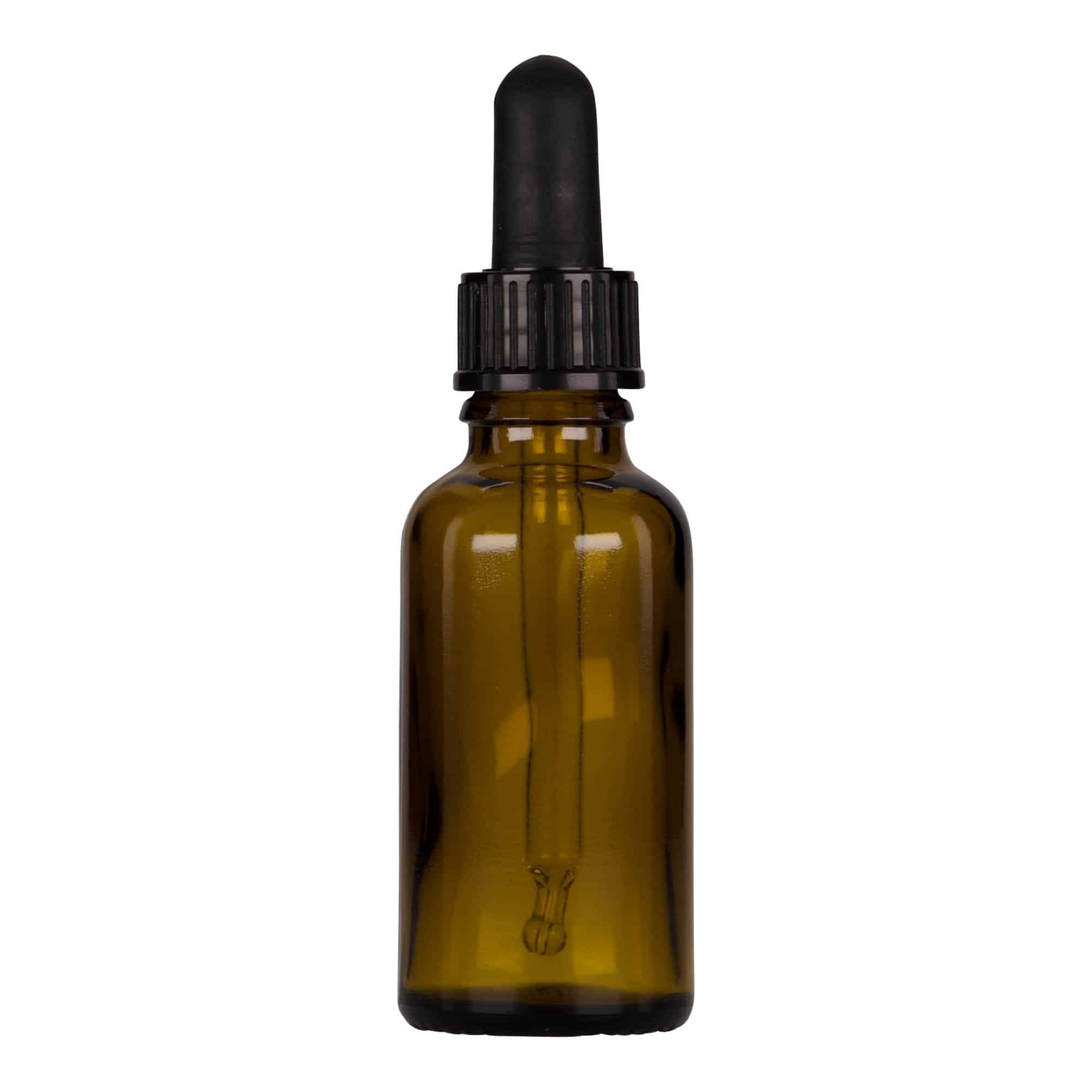 30 ml бутилка за лекарства с пипета, стъклена, кафяво-черна, затваряне: винтова капачка с резба DIN 18