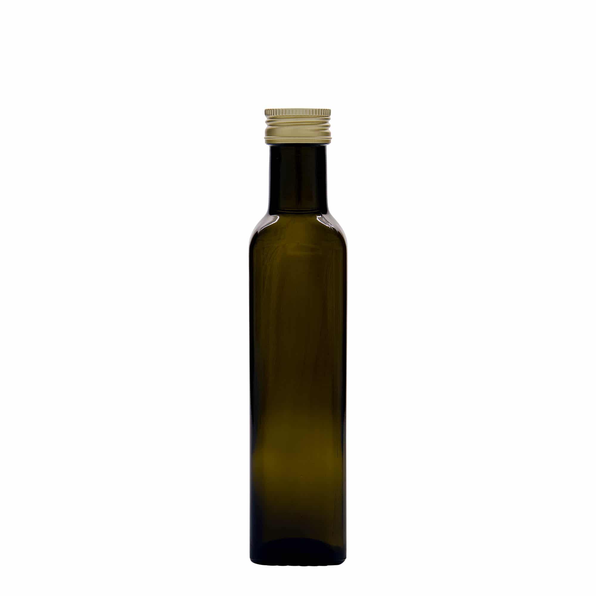 250 ml стъклена бутилка „Marasca“, квадратна, антично зелено, затваряне: капачка PP 31,5