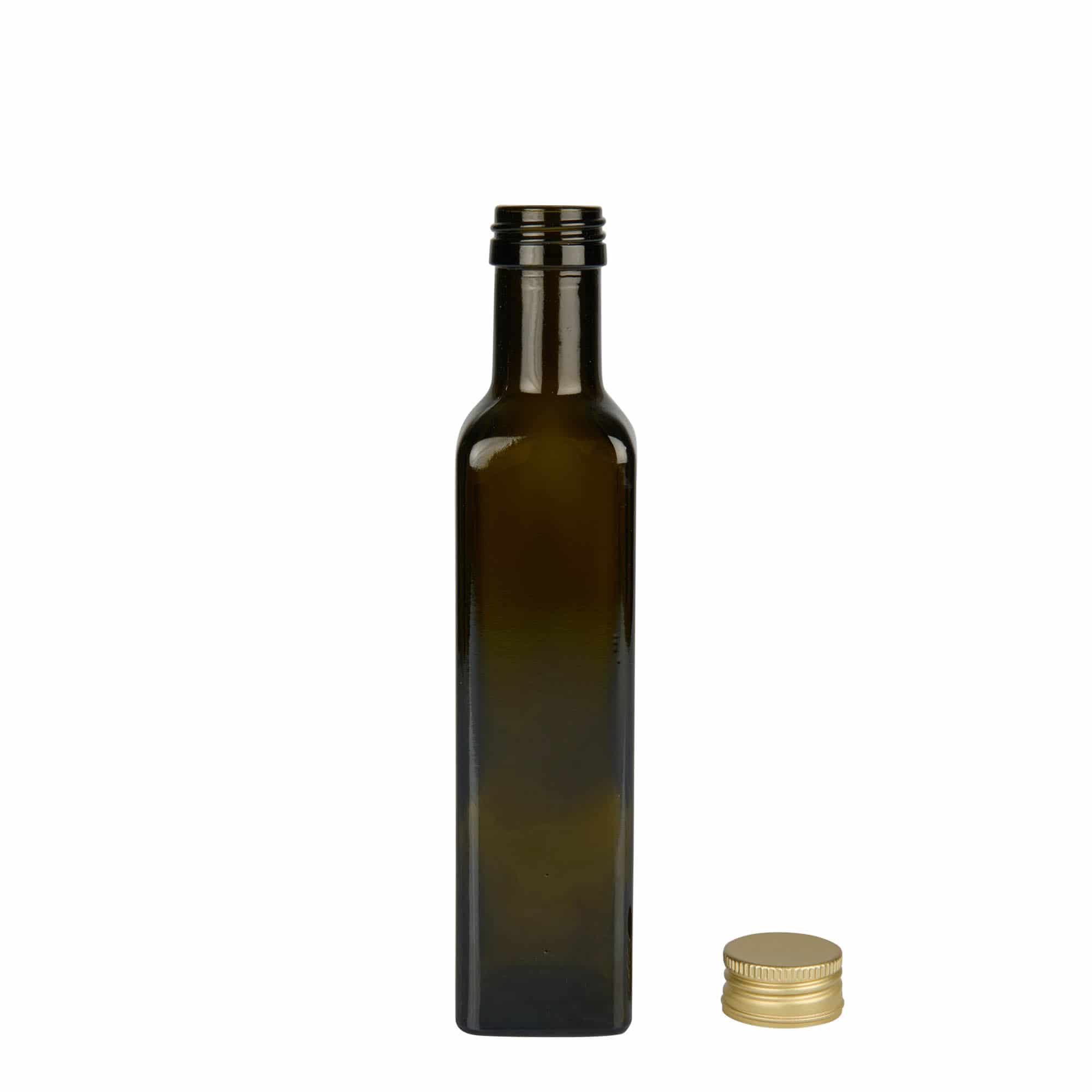 250 ml стъклена бутилка „Marasca“, квадратна, антично зелено, затваряне: капачка PP 31,5