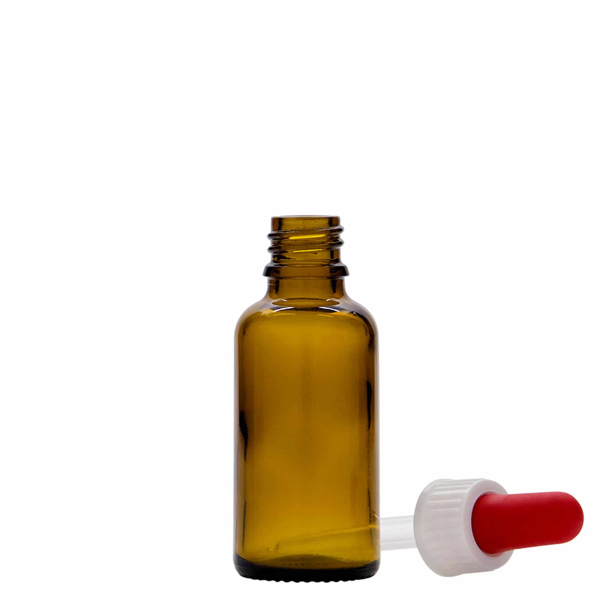 30 ml бутилка за лекарства с пипета, стъклена, кафява, затваряне: винтова капачка с резба DIN 18