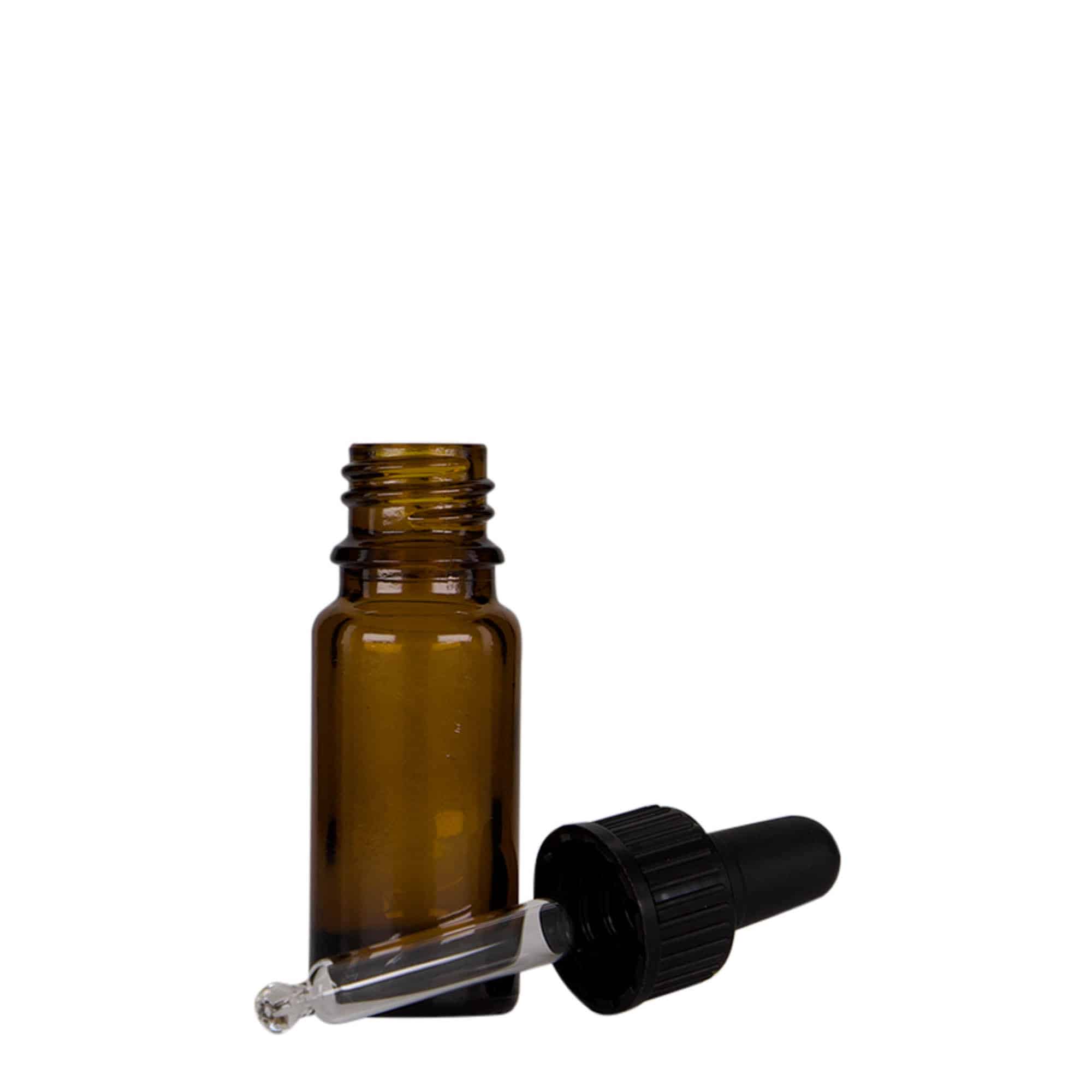 10 ml бутилка за лекарства с пипета, стъклена, кафяво-черна, затваряне: винтова капачка с резба DIN 18