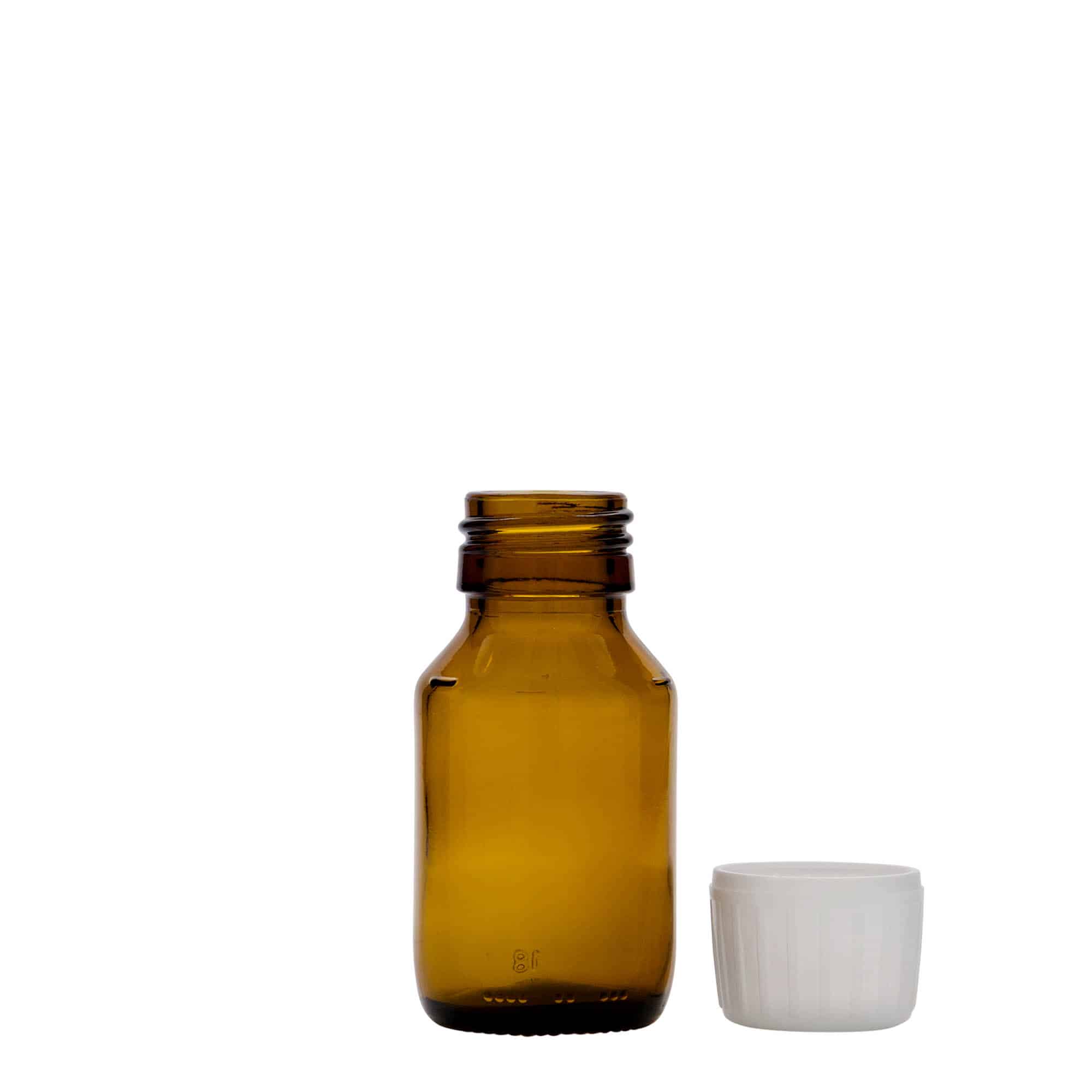 50 ml бутилка за лекарства, кафява, стъклена, затваряне: капачка PP 28
