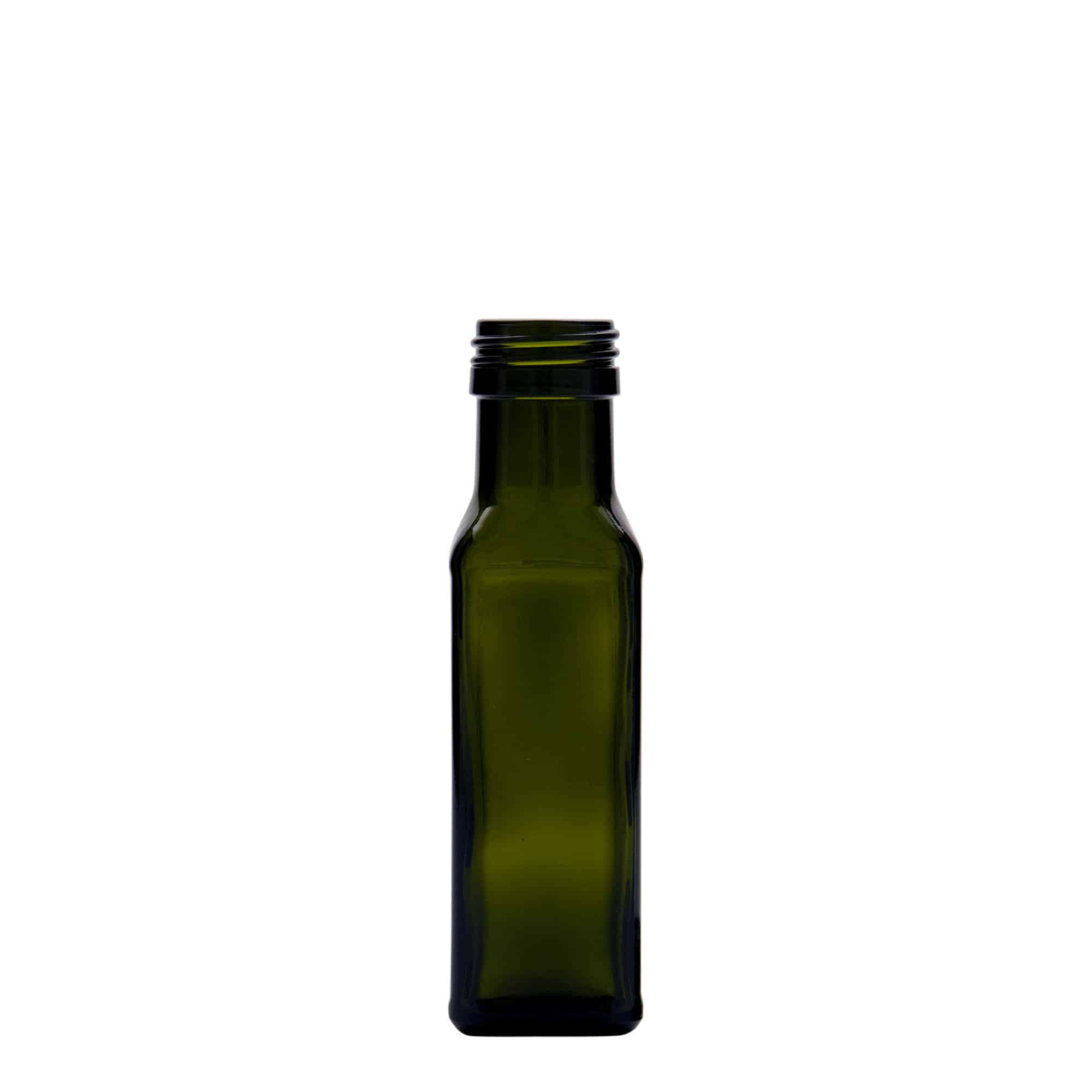 100 ml стъклена бутилка „Marasca“, квадратна, антично зелена, затваряне: капачка PP 31,5 100 ml стъклена бутилка „Marasca“, квадратна, антично зелена, затваряне: капачка PP 31,5