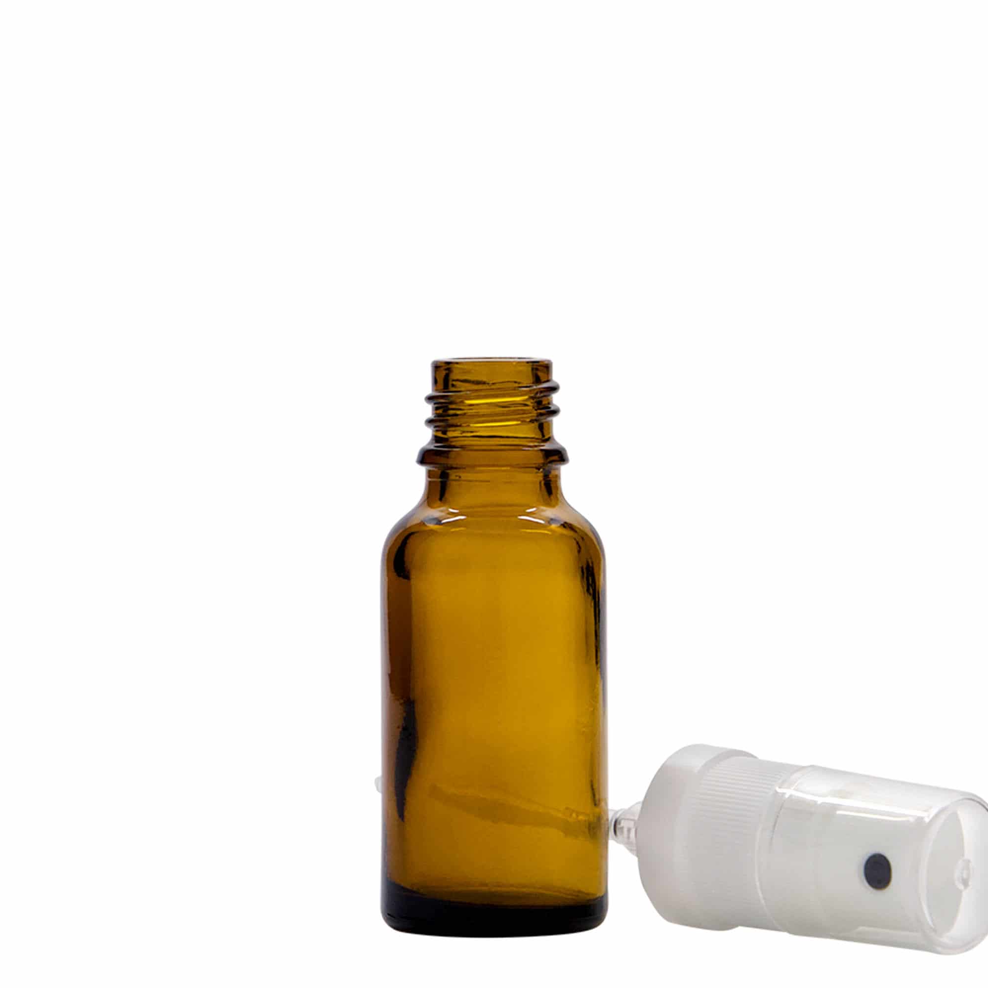 20 ml спрей бутилка за лекарства, стъклена, кафява, затваряне: винтова капачка с резба DIN 18