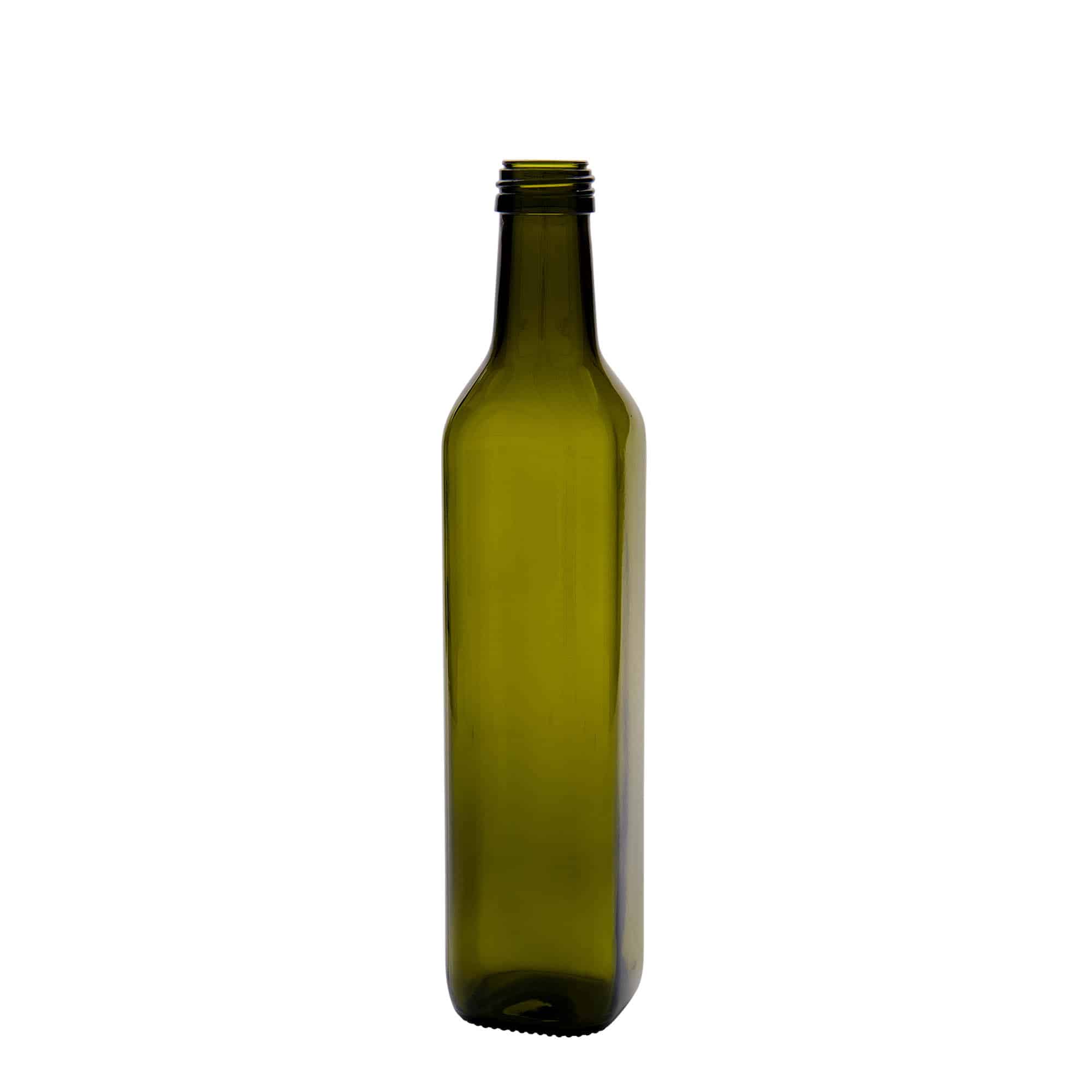 500 ml стъклена бутилка „Marasca“, квадратна, антично зелено, затваряне: капачка PP 31,5